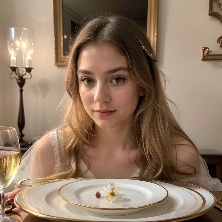 (best quality,4k,8k,highres,masterpiece:1.2),ultra-detailed,(realistic,photorealistic,photo-realistic:1.37),beautiful young girl,long blonde hair,looking at viewer,ethereal eyes,plump lips,piercing blue eyes,flawless skin,flowing golden locks,sparkling hair,serene expression,soft and tender features,wearing a flowing evening gown,luminous candlelight casting a warm glow,romantic atmosphere,refined elegance,dining by candlelight,enjoying a private dinner,table set for two,exquisite glass of wine,velvet red wine,reflections dancing on the glass,crystal wine glasses,fine dining experience,subtle curves and delicate lines,rich textures and intricate details,soft shadows and highlights,polished silverware and porcelain plates,delicate floral centerpiece,subtle fragrance of fresh flowers in the air,elegant ambiance,luxurious surroundings,serene and inviting scene,meticulous attention to detail,vivid colors and textures,realistic reflections and refractions,subtle variations in lighting and shading,subtle nuances in facial expressions and gestures,lifelike portrayal,celebrating the beauty of femininity,classic and timeless,perfect harmony between realism and artistic interpretation,bringing the scene to life with stunning detail and depth