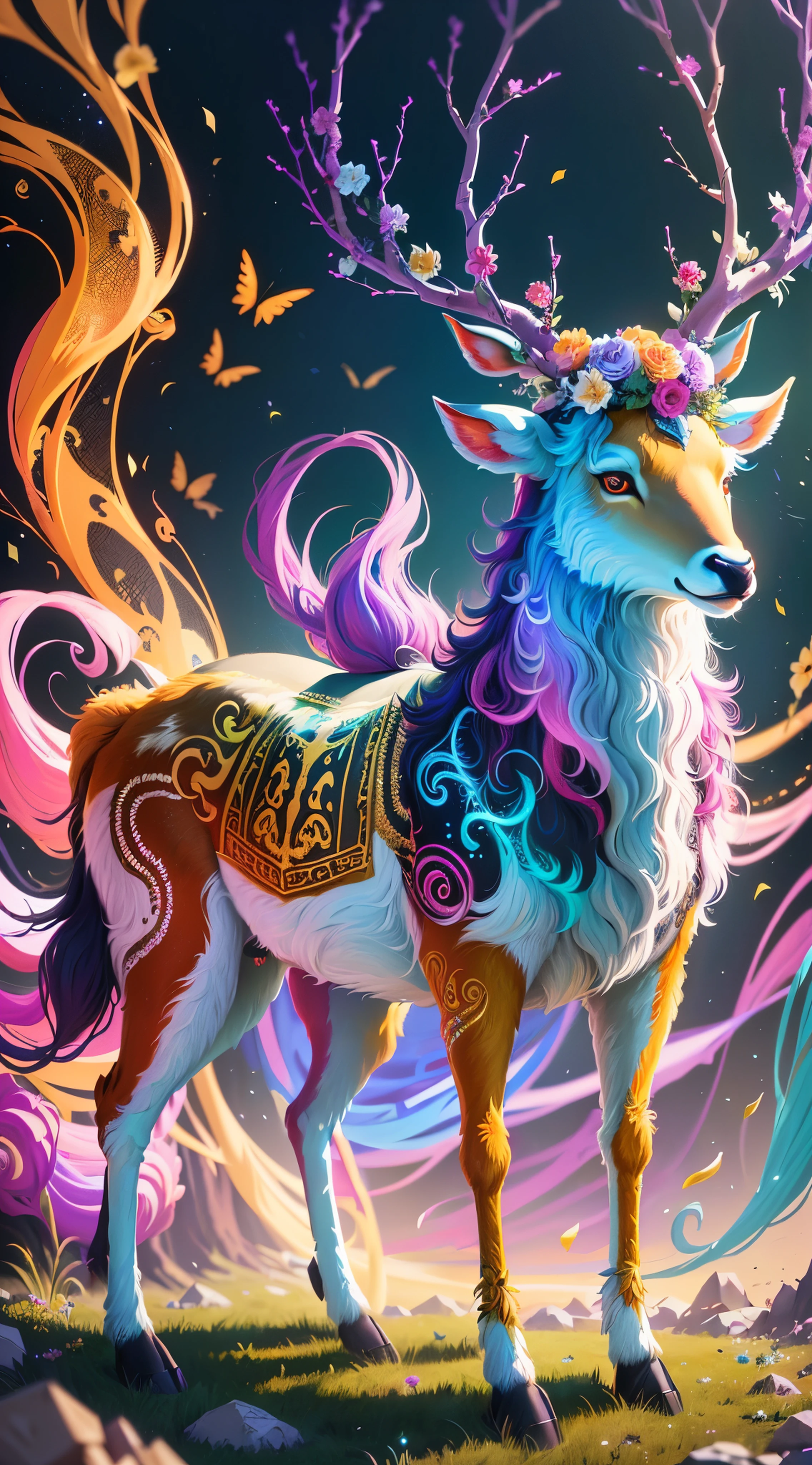 painting of a deer with a colorful mane and a flower crown, mythical creature, colorfull digital fantasy art, beeple and jeremiah ketner, anthropomorphic deer female, anthropomorphic female deer, 8k high quality detailed art, painted in the style arcane, a mythical creature, detailed fantasy digital art, vibrant fantasy style, detailed painting 4 k