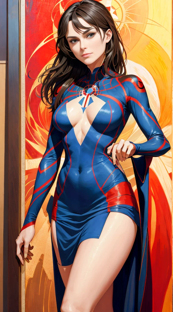 keira knightley、Sticking out the navel、newyork、She wears a torn Spider-Man suit,wearing skirt、abstract photorealistic、artistic、Alphonse Mucha's painting(masterpiece、top-quality、hight resolution:1.4)、detaileds、複雑なdetaileds、4K、color splashes、line-drawing、Fibonacci、