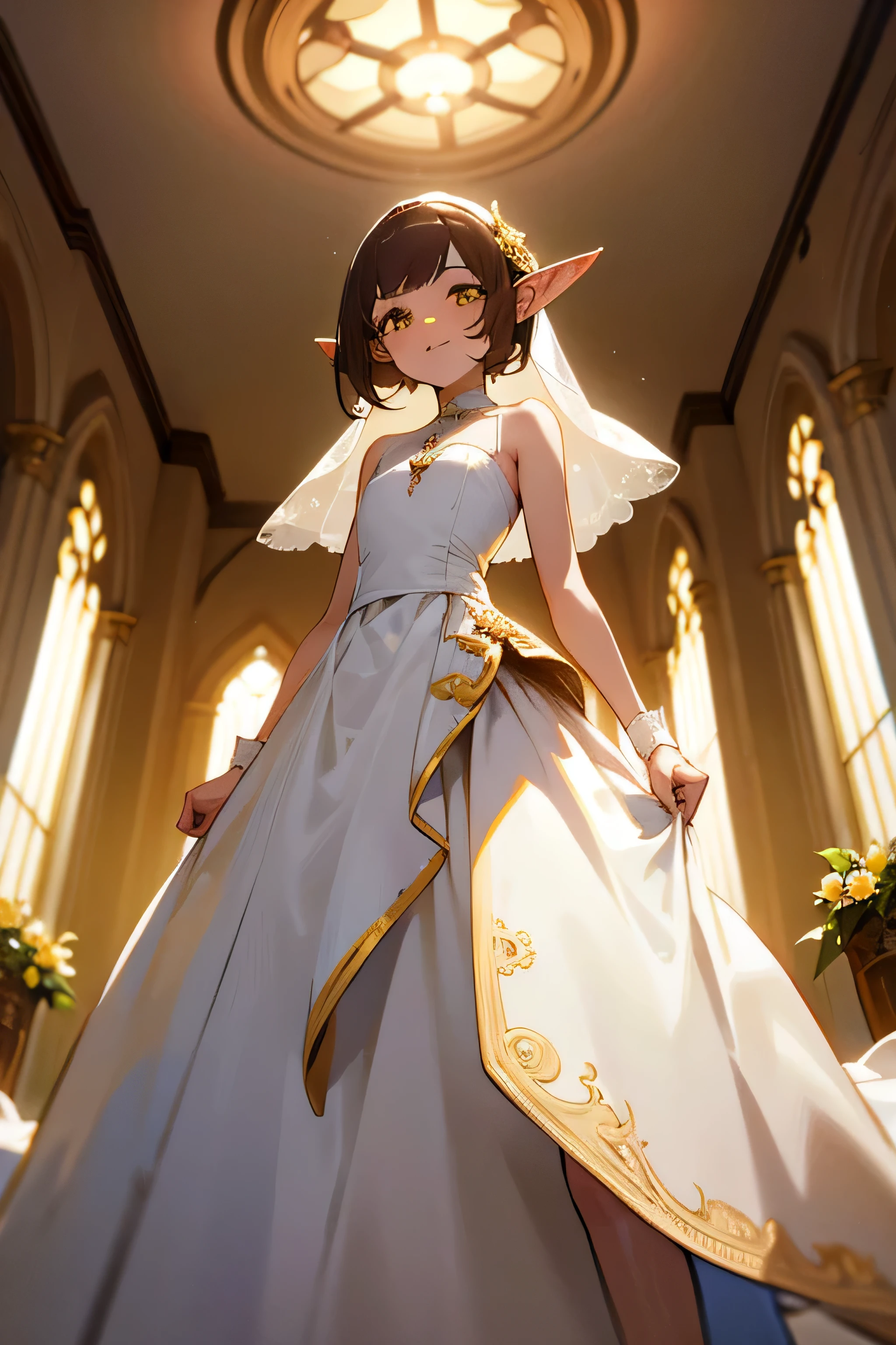 An elf girl with a small body and brown hair, yellow eyes, and a flat chest. She is wearing a white wedding dress and has a extremly happy expression. The girl is standing in a room and looking directly at the viewer. The image should be of absurd resolution and high detail. It should be ultra-sharp and available in 8K resolution, representing a masterpiece in image quality.
