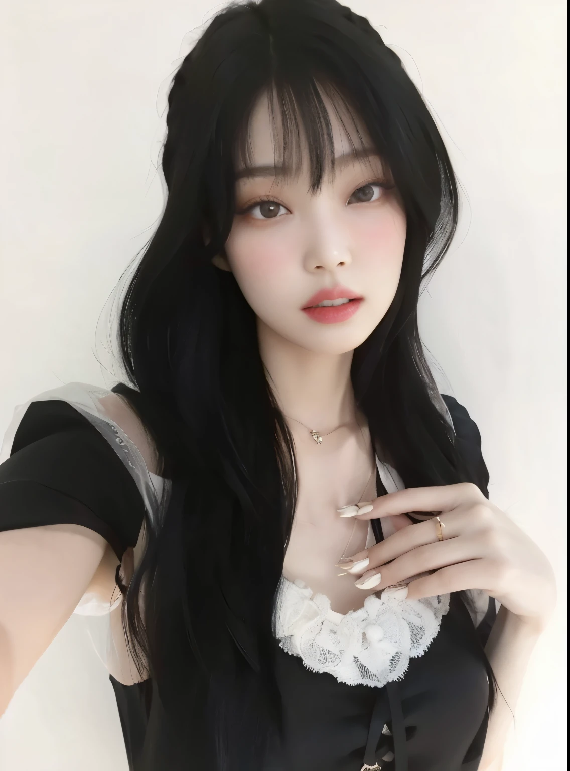 Asian Araffe woman with long black hair and white shirt, ulzzang, con cabello largo y ojos penetrantes, Ella tiene el pelo negro con flequillo, cruel korean goth girl, Hermosa joven coreana, 8k selfie photograph, whitebangsblackhair, Chica coreana, Hermosa mujer surcoreana, cabello negro y ojos grandes, pale porcelain white skin