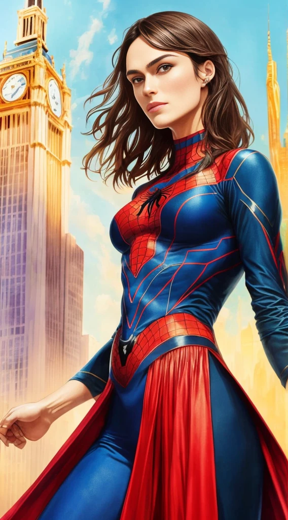 keira knightley、Sticking out the navel、newyork、She wears a torn Spider-Man suit,wearing skirt、abstract photorealistic、artistic、Alphonse Mucha's painting(masterpiece、top-quality、hight resolution:1.4)、detaileds、複雑なdetaileds、4K、color splashes、line-drawing、Fibonacci、