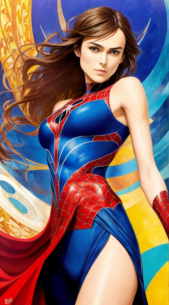keira knightley、Sticking out the navel、newyork、She wears a torn Spider-Man suit,wearing skirt、abstract photorealistic、artistic、Alphonse Mucha's painting(masterpiece、top-quality、hight resolution:1.4)、detaileds、複雑なdetaileds、4K、color splashes、line-drawing、Fibonacci、