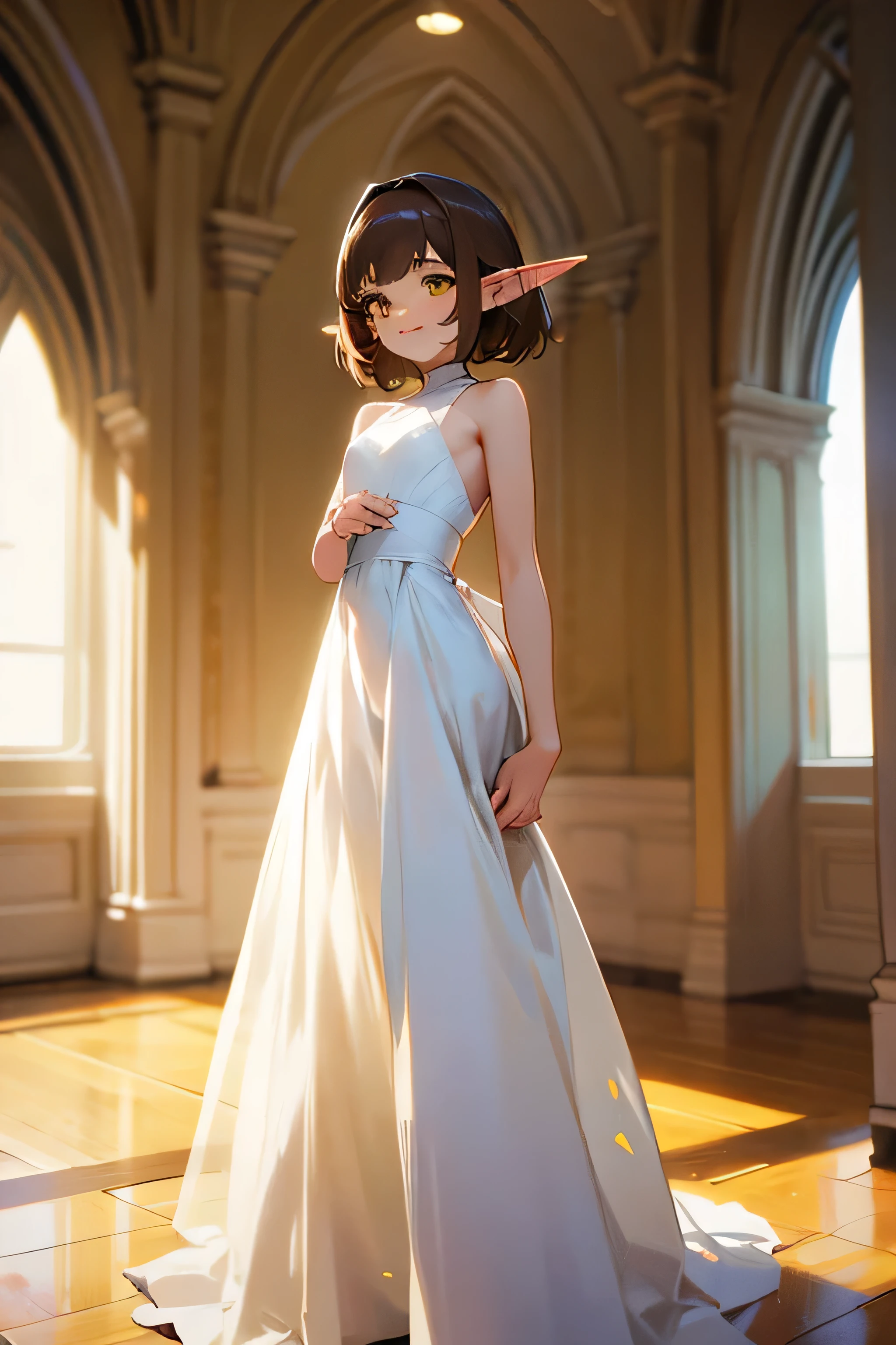 An elf girl with a small body and brown hair, yellow eyes, and a flat chest. She is wearing a white wedding dress and has a extremly happy expression. The girl is standing in a room and looking directly at the viewer. The image should be of absurd resolution and high detail. It should be ultra-sharp and available in 8K resolution, representing a masterpiece in image quality.