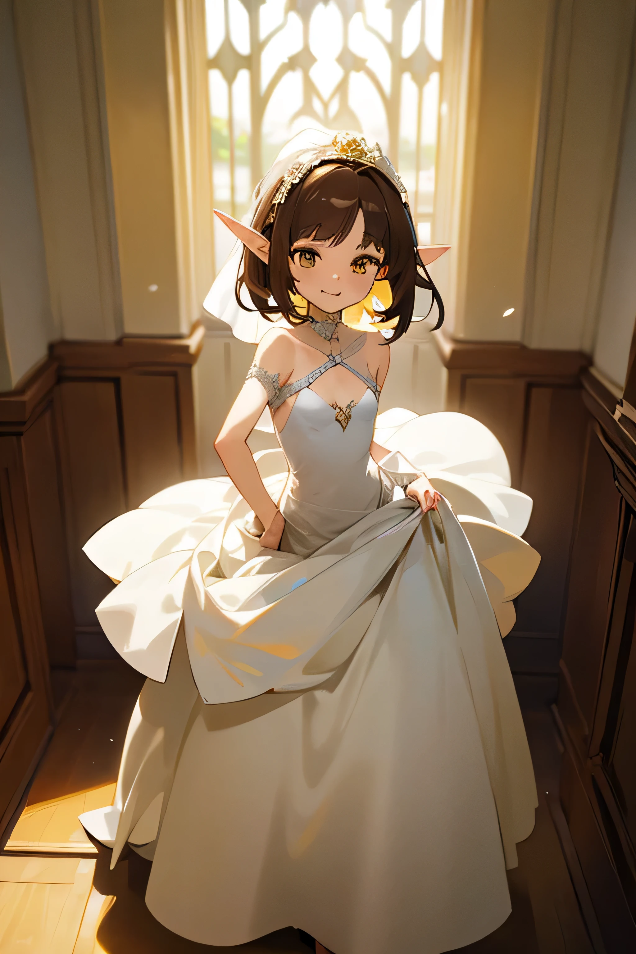 An elf girl with a small body and brown hair, yellow eyes, and a flat chest. She is wearing a white wedding dress and has a extremly happy expression. The girl is standing in a room and looking directly at the viewer. The image should be of absurd resolution and high detail. It should be ultra-sharp and available in 8K resolution, representing a masterpiece in image quality.