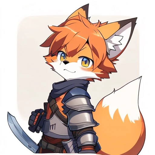 furry fury，Orange fox ears，Orange hair，Orange eye kernel，Wear body armor，Shota，Carrying a blue sword on his back，Take it，Wear body armor，military，Detailed war scenes