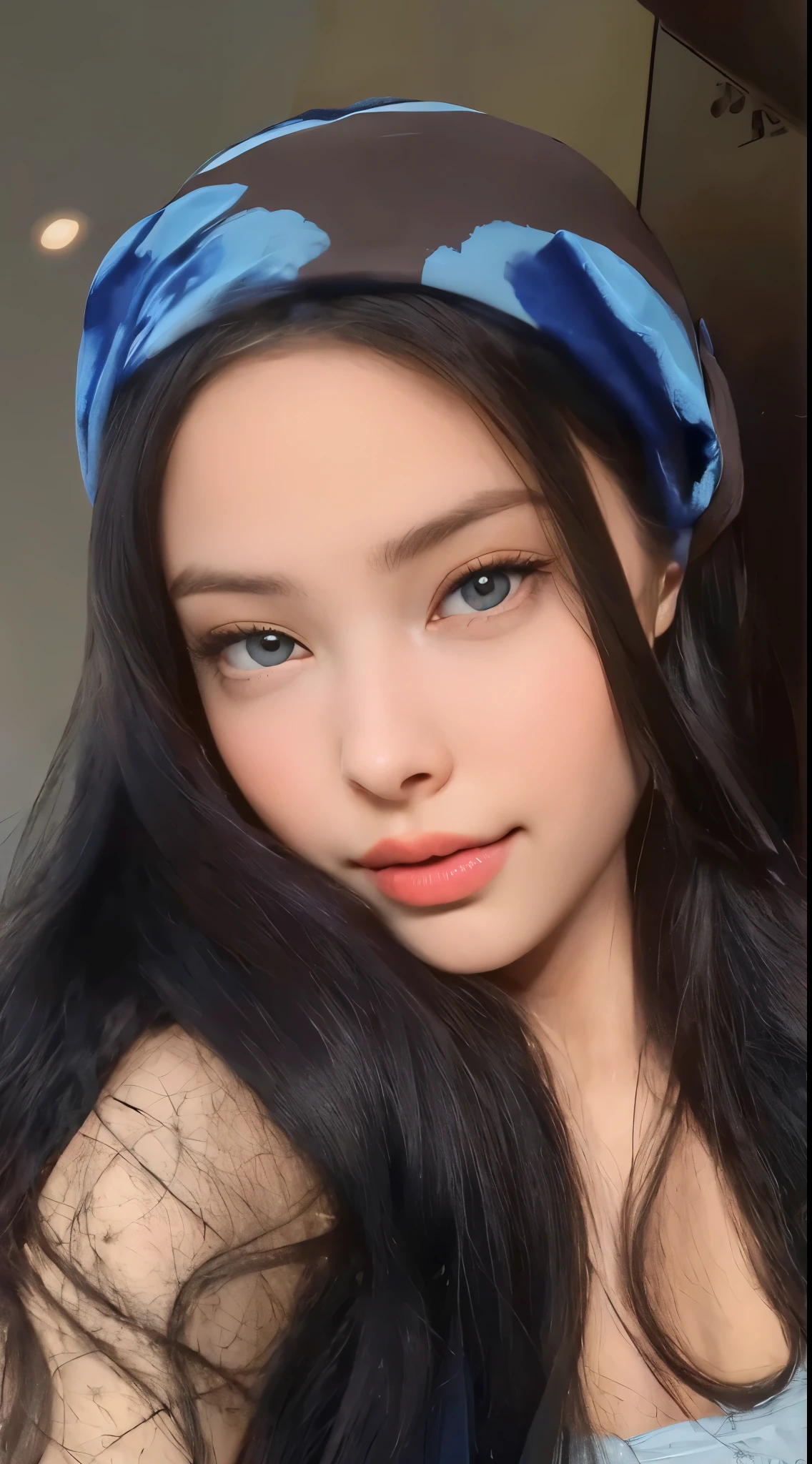 a close-up of a woman with long hair and a blue headband, Nice Poarch, Retrato Sophie Mudd, rosto como ester exposito, com cabelos longos e olhos penetrantes, rosto perfeito ), cabelos pretos e olhos grandes, com olhos verdes deslumbrantes, 18 anos, Cerveja Soft Devil Queen Madison, beautiful fine face features, Rosto Extremamente Bonito