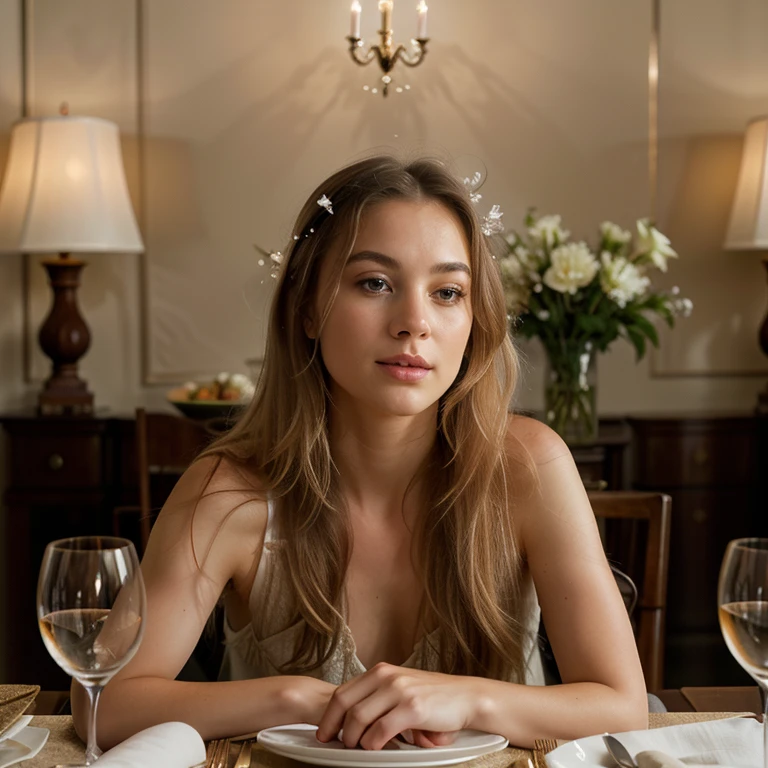 (best quality,4k,8k,highres,masterpiece:1.2),ultra-detailed,(realistic,photorealistic,photo-realistic:1.37),beautiful young girl,long blonde hair,looking at viewer,ethereal eyes,plump lips,piercing blue eyes,flawless skin,flowing golden locks,sparkling hair,serene expression,soft and tender features,wearing a flowing evening gown,luminous candlelight casting a warm glow,romantic atmosphere,refined elegance,dining by candlelight,enjoying a private dinner,table set for two,exquisite glass of wine,velvet red wine,reflections dancing on the glass,crystal wine glasses,fine dining experience,subtle curves and delicate lines,rich textures and intricate details,soft shadows and highlights,polished silverware and porcelain plates,delicate floral centerpiece,subtle fragrance of fresh flowers in the air,elegant ambiance,luxurious surroundings,serene and inviting scene,meticulous attention to detail,vivid colors and textures,realistic reflections and refractions,subtle variations in lighting and shading,subtle nuances in facial expressions and gestures,lifelike portrayal,celebrating the beauty of femininity,classic and timeless,perfect harmony between realism and artistic interpretation,bringing the scene to life with stunning detail and depth