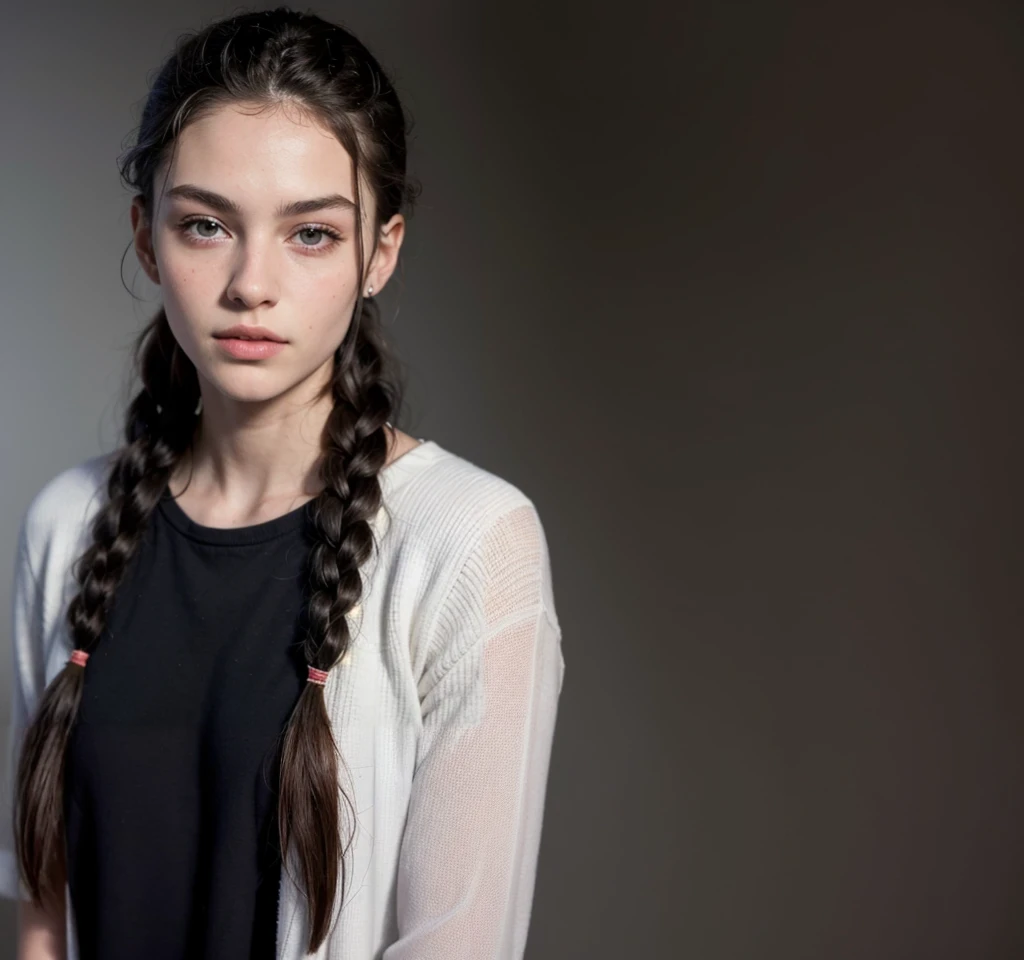 a close up of a woman with long hair and a black shirt, pigtails hairstyle, two pigtails hairstyle, pigtail braids, portrait sophie mudd, gorgeous young model, girl with plaits, two braids, with black pigtails, woman with braided brown hair, pigtails hair, hair in pigtails, long pigtail, pigtails, very pretty model