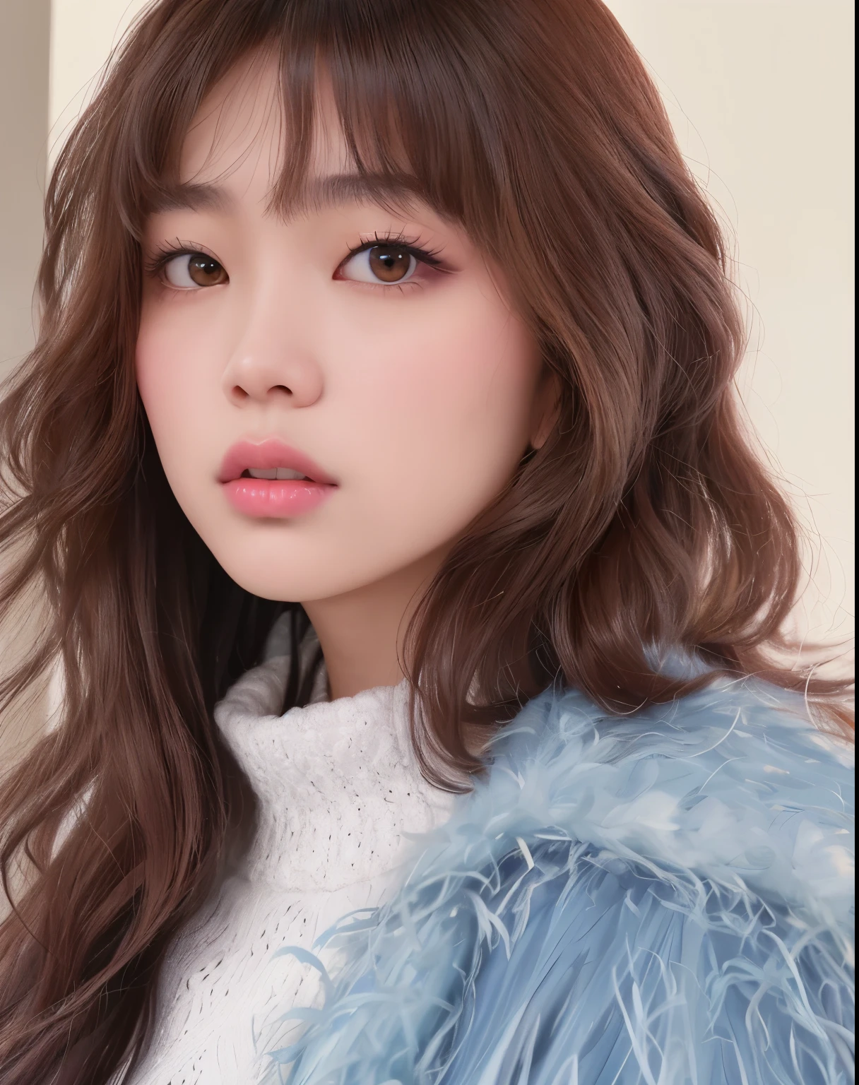 a close up of a woman with long hair wearing a blue coat, fluffy bangs, lalisa manobal, blackpink jennie, portrait of jossi of blackpink, lalisa manoban of blackpink, young cute wan asian face, roseanne park of blackpink, inspired by Miwa Komatsu, inspired by Yuko Tatsushima, chiho, with bangs