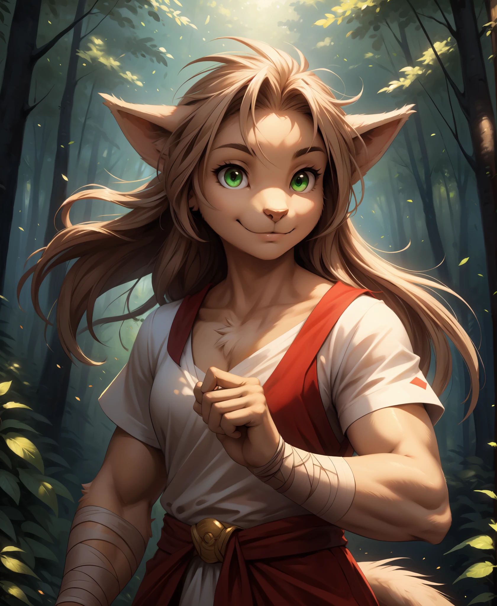 by kenket, by totesfleisch8, (by thebigslick, by silverfox5213:0.8), (by syuro:0.2),, king-adelaide, twokids, (best quality, masterpiece:1), solo, furry female anthro, green eyes, arm wraps, long hair, light brown hair, portrait, fingers, finger claws, looking at viewer, feline tail, strong, muscular, crown, (outdoors dark forest trees blurry blurred background:1.1),