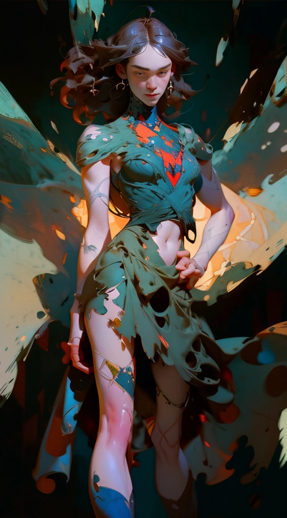 keira knightley、Sticking out the navel、newyork、She wears a torn Spider-Man suit,wearing skirt、abstract photorealistic、artistic、Alphonse Mucha's painting(masterpiece、top-quality、hight resolution:1.4)、detaileds、複雑なdetaileds、4K、color splashes、line-drawing、Fibonacci、