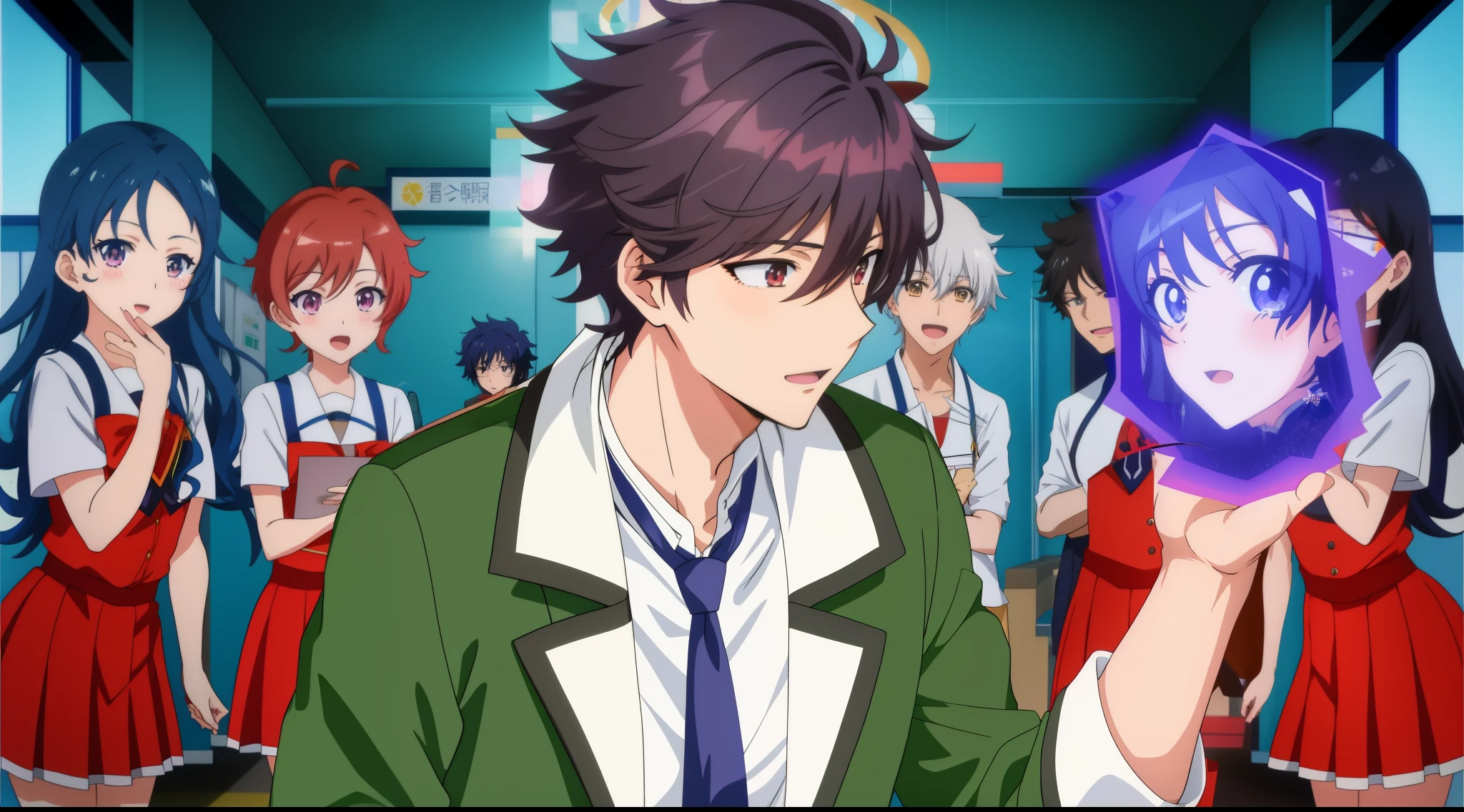 personagens de anime em uniforme escolar segurando uma bola brilhante, inspirado em Okumura Masanobu, inspirado em Okumura Togyu, cara de anime alto com olhos azuis, visual novel cg |, dapper dream demon, Anime de hoje ainda em destaque, visual novel chave visual, jovem homem de anime, Makoto Yukimura, inspirado em Hisui Sugiura