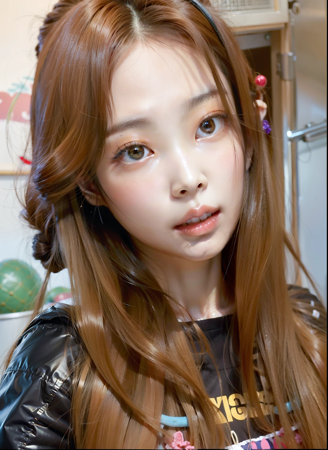 Un primer plano de una mujer con cabello largo y una camisa negra, Retrato realista kawaii, Joven y adorable rostro coreano, Linda cara de anime natural, chica linda-fina-cara, Your skin is light brown, maquillaje popular de Corea del Sur, brown hair and large eyes, maquillaje coreano popular, Hermosa cara de chicas japonesas, ulzzang, young cute wan asian face, Beautiful aesthetic face