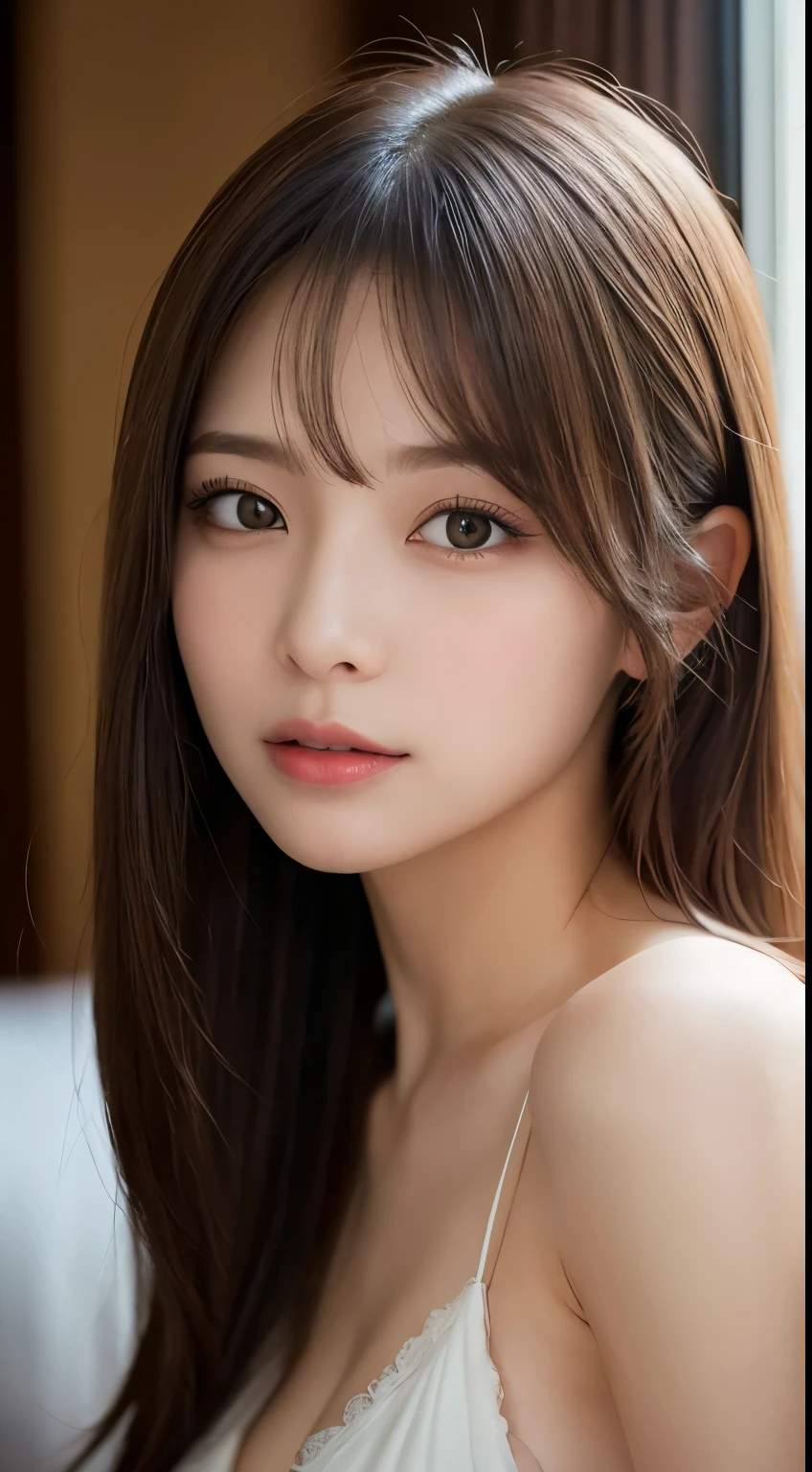 masutepiece, Best Quality, Illustration, Ultra-detailed, finely detail, hight resolution, 8K Wallpaper, Perfect dynamic composition, Beautiful detailed eyes , Hotel(Bet), Sexy face,Face feeling ecstasy,Face at the peak of sexual arousal,excited face from ,Blur the background,beautifull detailed face,Slender face,gal make,Cute,sexy pose,Close your eyes、Look up
