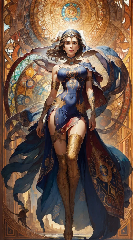 keira knightley、Sticking out the navel、newyork、She wears a torn Spider-Man suit,wearing skirt、abstract photorealistic、artistic、Alphonse Mucha's painting(​masterpiece、top-quality、hight resolution:1.4)、detaileds、複雑なdetaileds、4K、color splashes、line-drawing、Fibonacci、