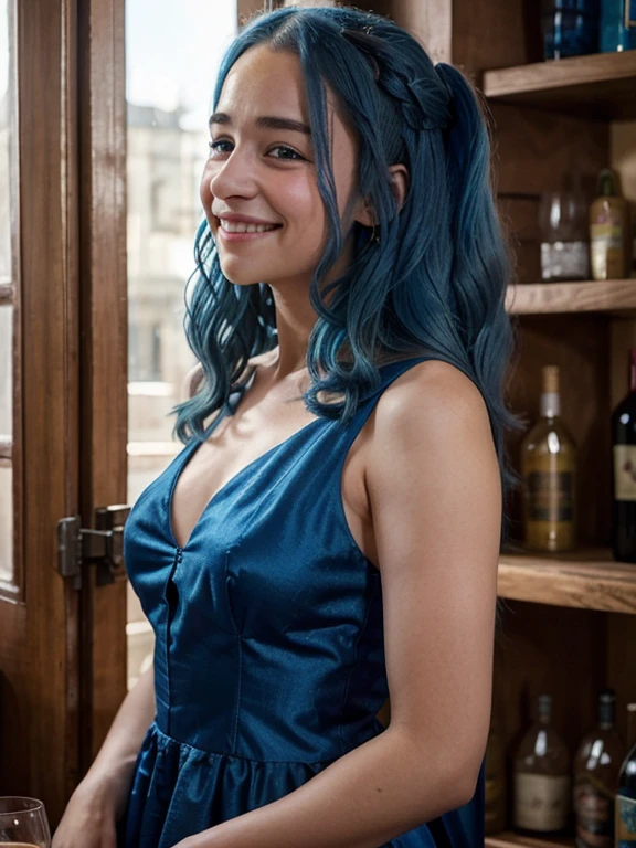 Please create an image of a 21 years old smiling woman at a party with blue hair in a dress and make her face look like Emilia Clarke