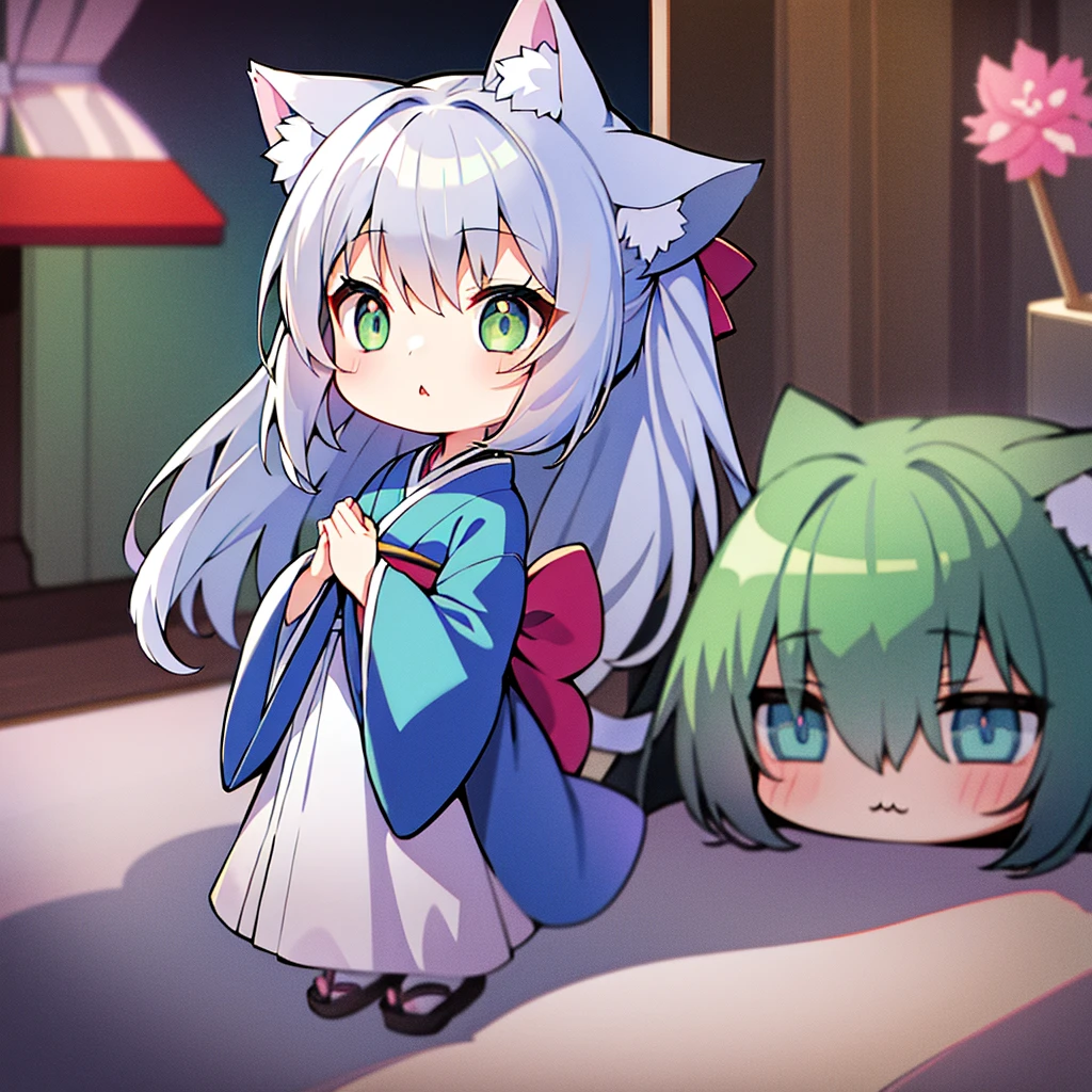 1 girl in、Long gray hair、Green eyes、Cat's ears、Cat's tail、Blue kimono、Chibi、Chibi Chara、Cat Pose、meow！、cute background body esbian、(High resolution of the highest quality)、((masterpiece best quality:1.2))、[[Bad face]], [[Fused fingers]]