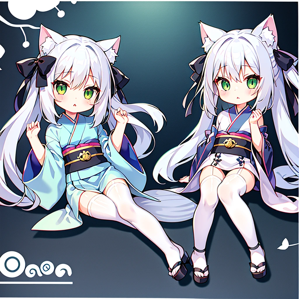1 girl in、Long gray hair、Green eyes、Cat's ears、Cat's tail、Blue kimono、Chibi、Chibi Chara、Cat Pose、meow！、cute background body esbian、(High resolution of the highest quality)、((masterpiece best quality:1.2))、[[Bad face]], [[Fused fingers]]