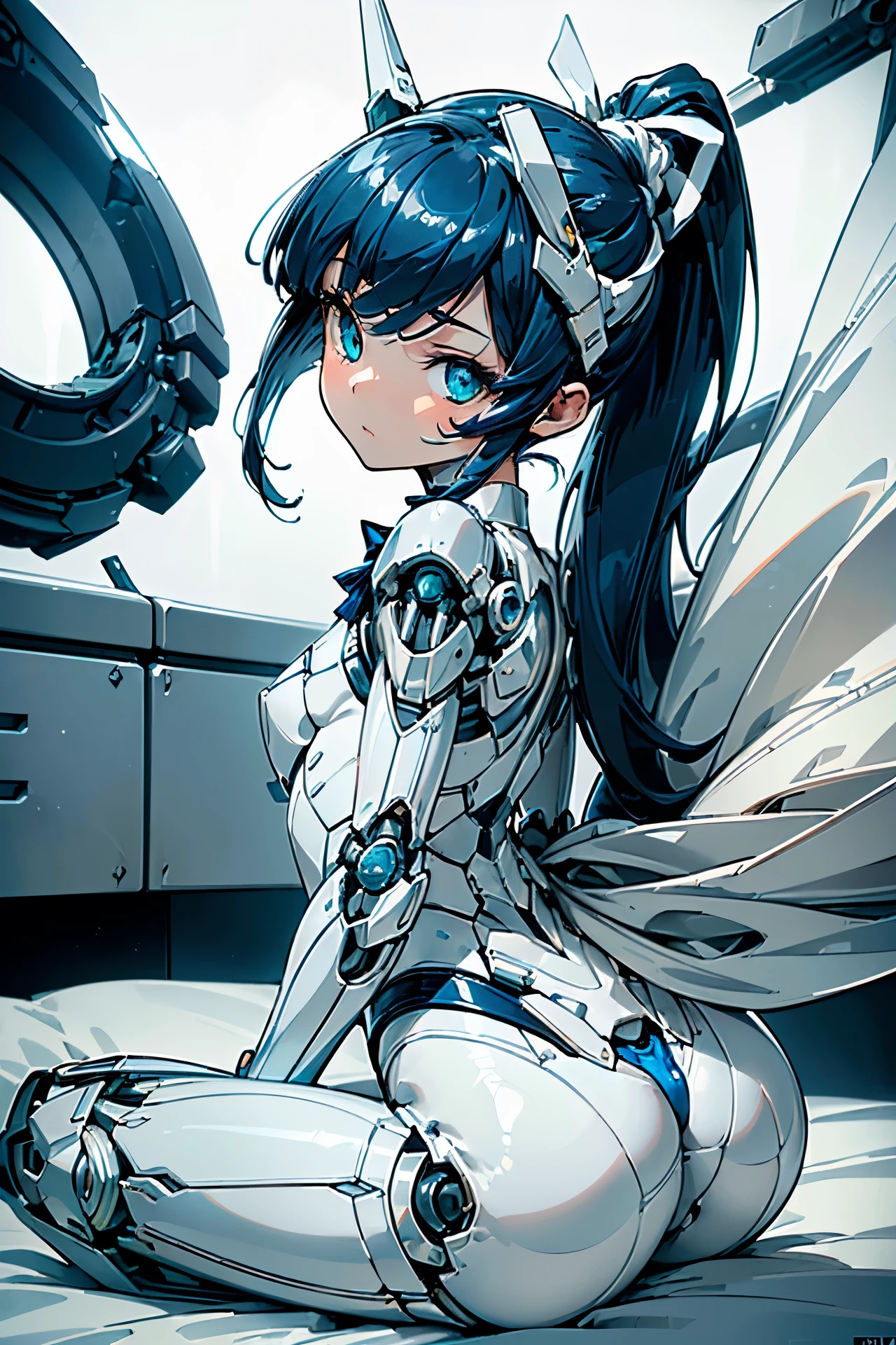 (((masterpiece))), (((Best Quality))), (((high quality))), (((beautiful))), (((8K))), (((highres))), (((absurdres))), (((exquisite))), (((Ultra high definition))), (((High resolution))), Girl Robot, (loli:1.4), (Gamine:1.5), (small breasts:1.4), (very detailed mechanics:1.4), (Highly detailed eye depiction:1.4), (Streamlined body based on pure white1.4), White and navy blue pilot suit, White and navy blue tight-fitting clothing, White and navy blue shoulder cover clothes, White and navy blue shiny clothes, navy blue tight fit pants, White and navy blue thigh cover pants, (Super drooping eyes:1.4), (Machine body:1.4), (Mechanical joints:1.4), (Complex machinery visible through joints:1.4), (Dark blue hair ponytail:1.4), (A long pure white cloth ribbon waving in the wind tied into her hair.:1.4), mecha musume, Mechanical parts, Robot joints, Headgear, (lie on bed:1.4), (Bedrooms:1.3), (On the sofa:1.4), (looking back:1.4)