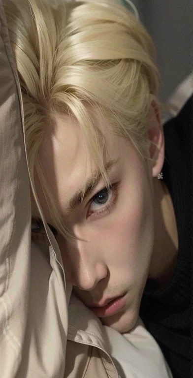 blonde-haired man lying on a bed with a pillow and a cell phone, Cai Xukun, Kim Doyoung, Jung Jaehyun, Chico rubio con ojos amarillos, Ulzzang masculino, extremely pale blond hair, Inspirado por Jeonseok Lee, delicate androgynous prince, Jinyoung Shin, Yanjun Chengt, pale hair, beautiful androgynous prince, diez Lee