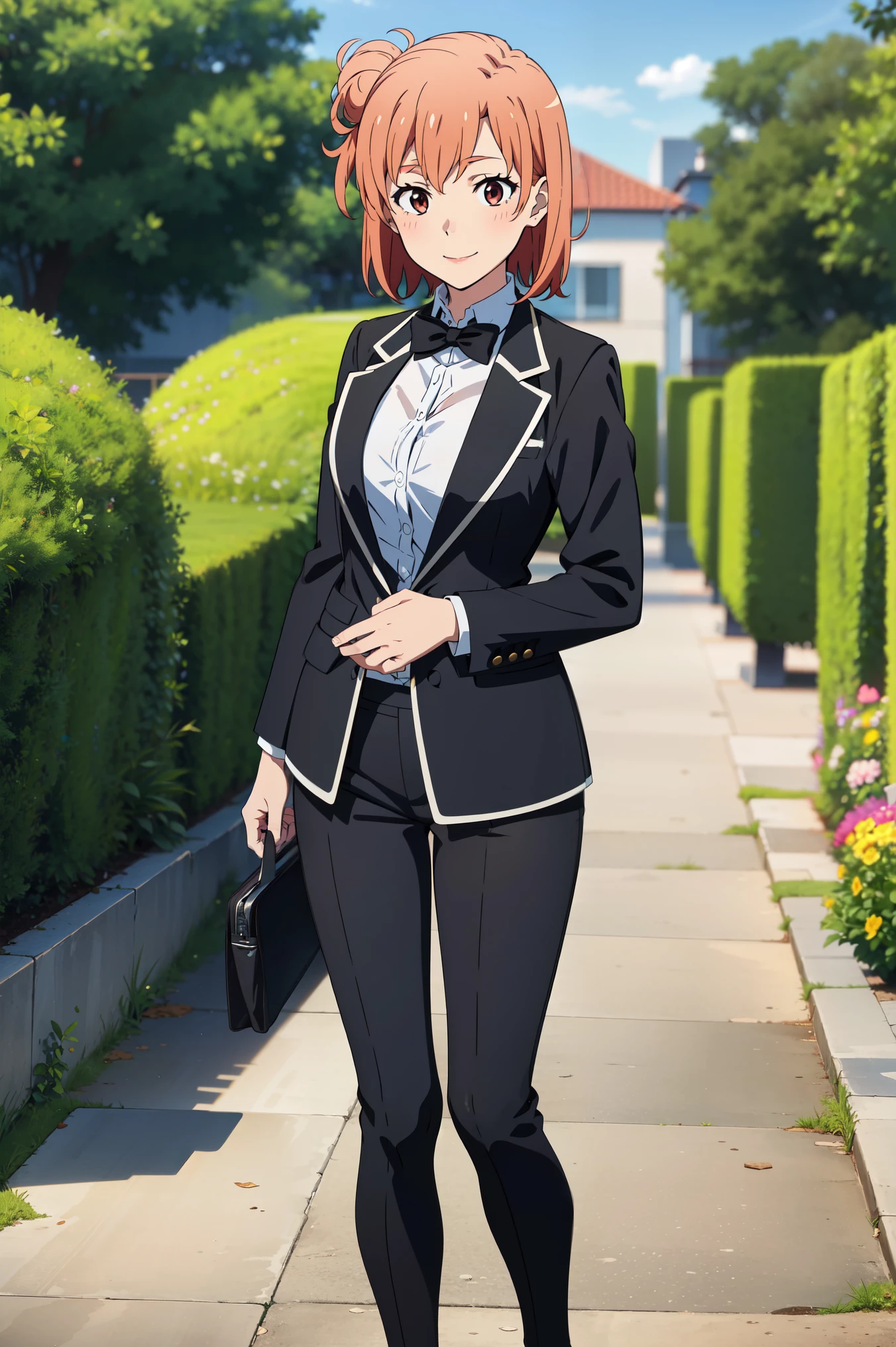 Best quality, masterpiece, highres, 1girl, Yuigahama Yui , tuxedo butler , female butler, short hair, tailored tailcoat , white shirt, black jacket, big boobs, Standing, smile, garden background