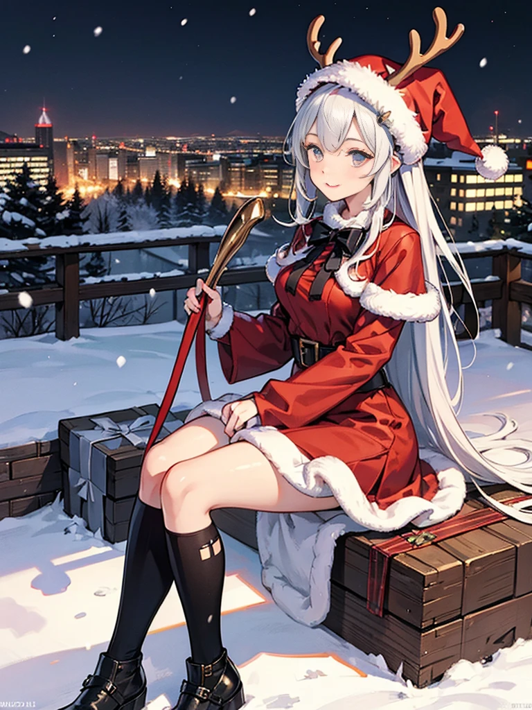 grim reaper santa claus、Beautiful woman dressed as a reindeer、Cityscape covered with snow