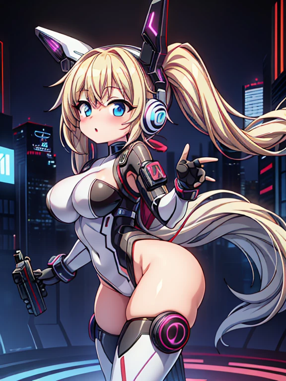 4K,hight resolution,One Woman,White blonde hair,poneyTail,head phone,Colossal tits,ninjartist,White Cybersuit,Cyberpunk Handgun,underground city、red blush、laught、