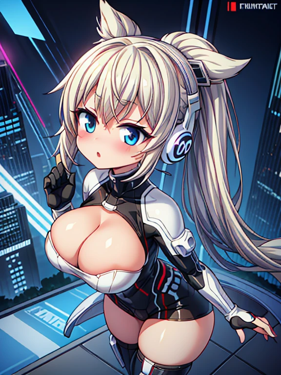 4K,hight resolution,One Woman,White blonde hair,poneyTail,head phone,Colossal tits,ninjartist,White Cybersuit,Cyberpunk Handgun,underground city、red blush、laught、