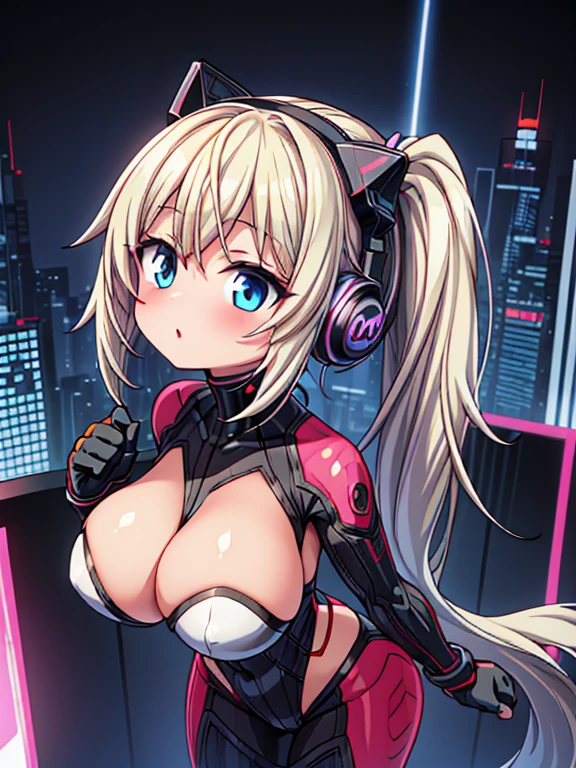 4K,hight resolution,One Woman,White blonde hair,poneyTail,head phone,Colossal tits,ninjartist,White Cybersuit,Cyberpunk Handgun,underground city、red blush、laught、