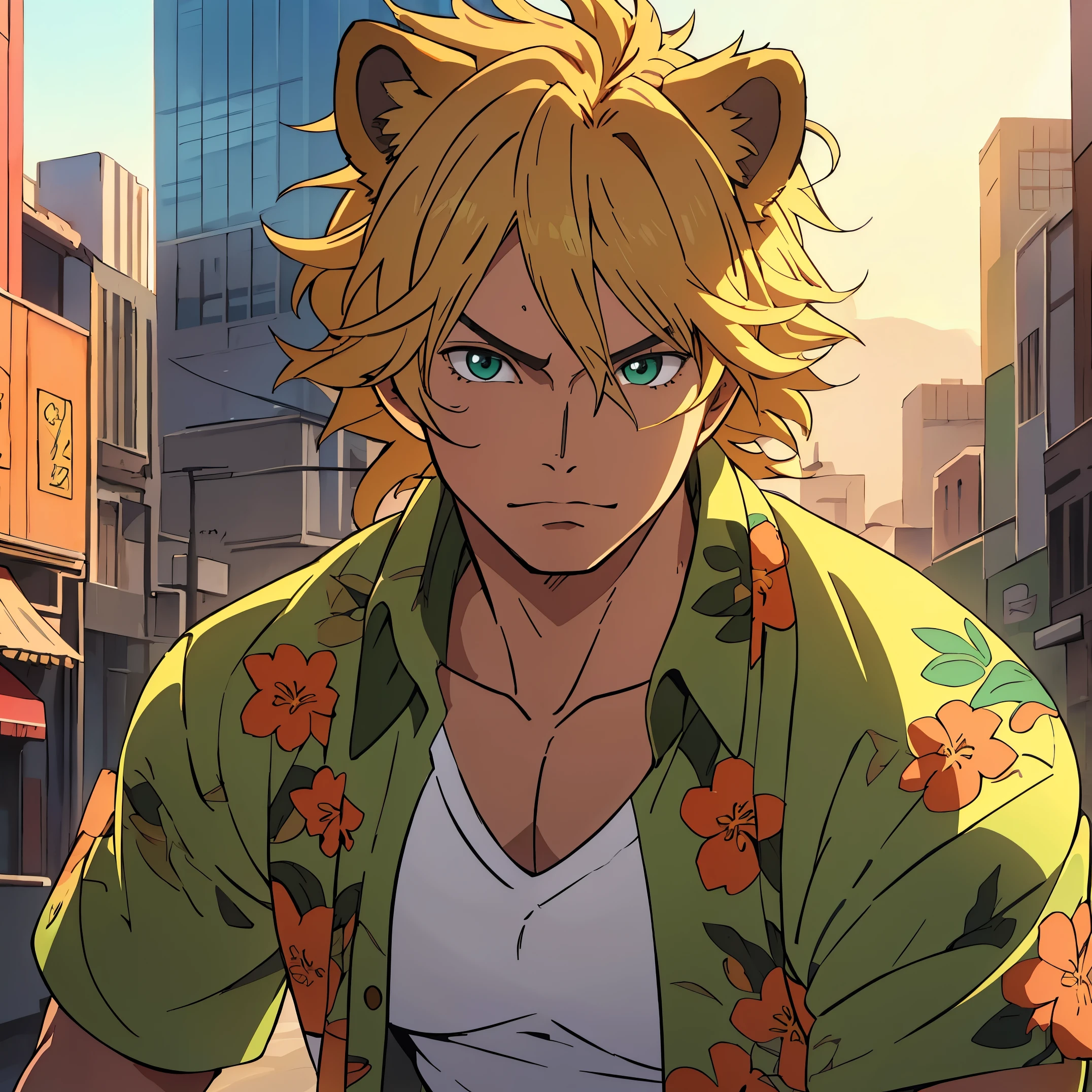 One male, lion ears, short hair, blond, blond hair, green eyes, short, muscular, Hawaiian shirt, beautiful face, ((highest quality)), ((masterpiece)), 2d, ((anime)), (perfect face), ((highest detail)), feline eyes, lion tail, wavy hair, cowboy shot, intricate details, (city background), ((solo)),