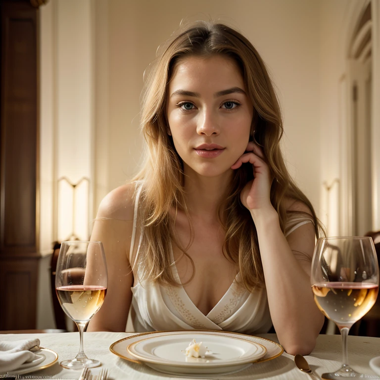 (best quality,4k,8k,highres,masterpiece:1.2),ultra-detailed,(realistic,photorealistic,photo-realistic:1.37),beautiful young girl,long blonde hair,looking at viewer,ethereal eyes,plump lips,piercing blue eyes,flawless skin,flowing golden locks,sparkling hair,serene expression,soft and tender features,wearing a flowing evening gown,luminous candlelight casting a warm glow,romantic atmosphere,refined elegance,dining by candlelight,enjoying a private dinner,table set for two,exquisite glass of wine,velvet red wine,reflections dancing on the glass,crystal wine glasses,fine dining experience,subtle curves and delicate lines,rich textures and intricate details,soft shadows and highlights,polished silverware and porcelain plates,delicate floral centerpiece,subtle fragrance of fresh flowers in the air,elegant ambiance,luxurious surroundings,serene and inviting scene,meticulous attention to detail,vivid colors and textures,realistic reflections and refractions,subtle variations in lighting and shading,subtle nuances in facial expressions and gestures,lifelike portrayal,celebrating the beauty of femininity,classic and timeless,perfect harmony between realism and artistic interpretation,bringing the scene to life with stunning detail and depth