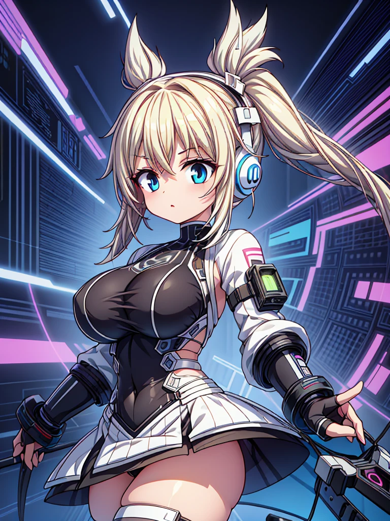 4K,hight resolution,One Woman,White blonde hair,poneyTail,head phone,Colossal tits,ninjartist,White Cybersuit,Cyberpunk Handgun,underground city