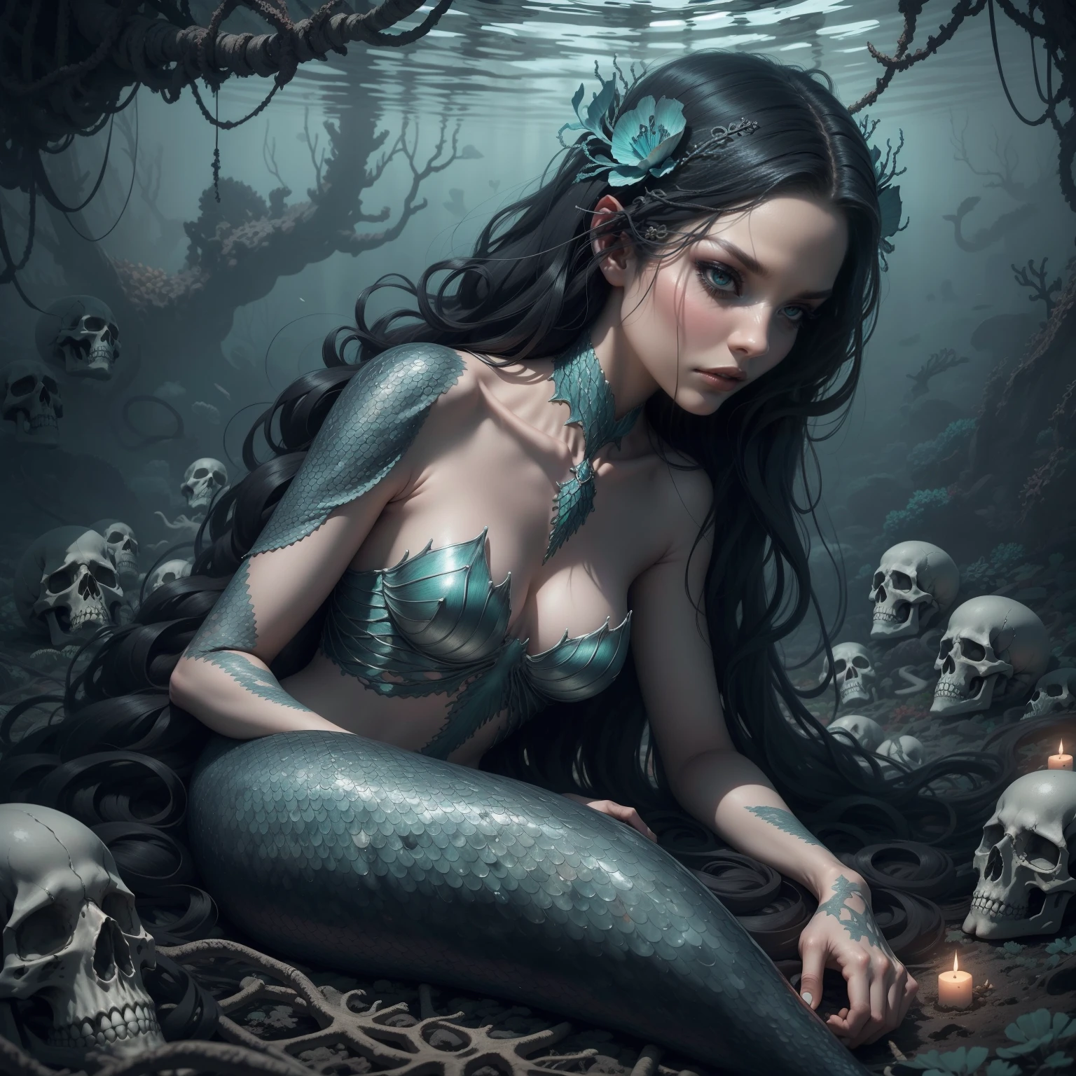 {-erro_de_anatomia:1.0} woman 30 years old, underwater, skeleton, corpse,Under the sea, where coral tendrils and vines abound, a woman (mermaid), long black hair looks at you amidst a pile of bones and skulls.Indifferent look , merciless. Lying among the skulls.