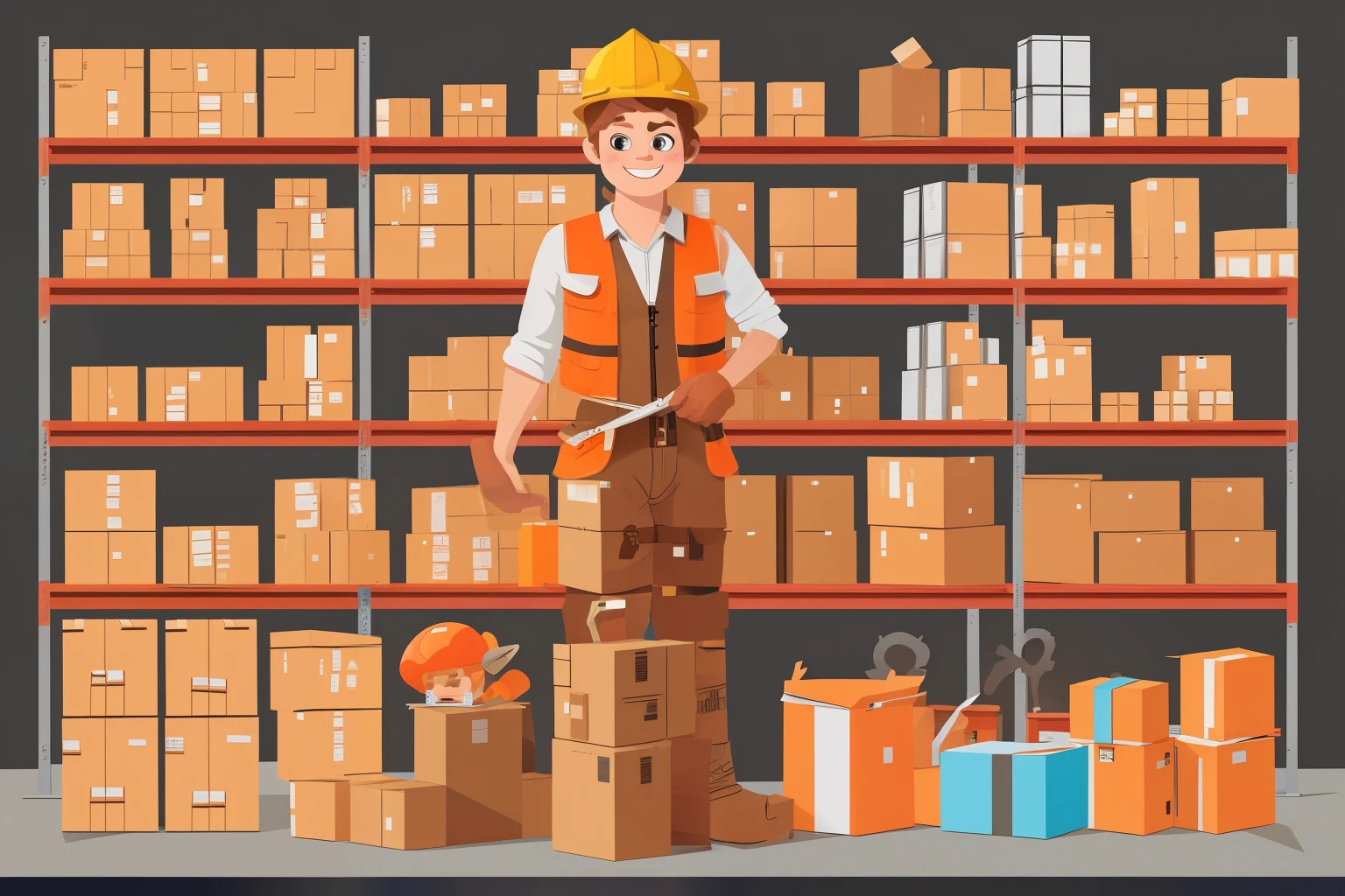 DESIGNING FACTORY WAREHOUSE STYLE WITH PILE OF BOXES AND STORING ON THE SHELVES THE CHARACTER HAS AN ORANGE VEST , CAPACETE E BOTAS PRETA OLHANDO O EMPILHAMNETO DE FORA DA EMPILHADEIRA ACRESCENTE UMA MAQUINA DE EMPILHADEIRA AO AMBIENTE
