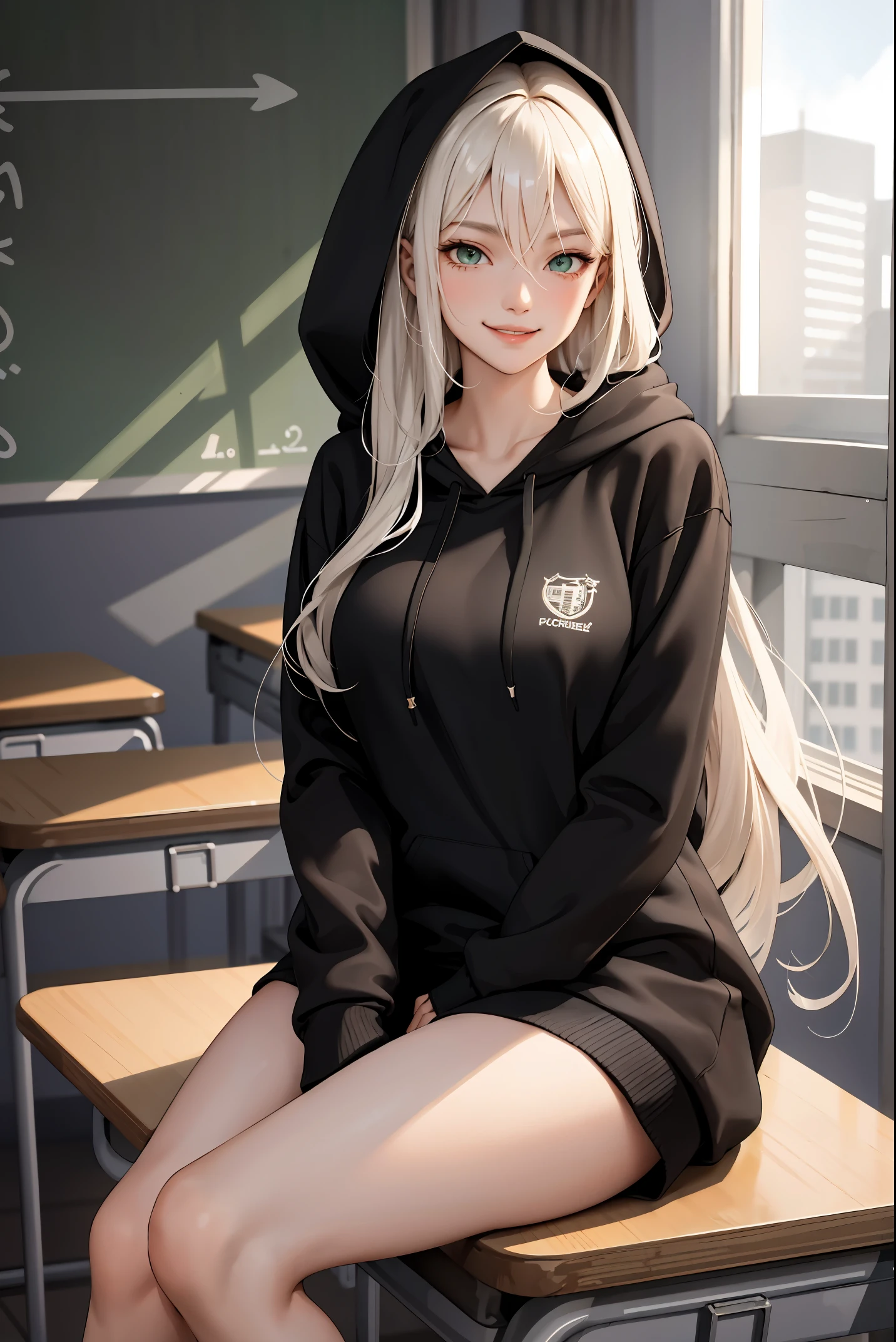 (masterpiece:1.2, best quality), (real picture, intricate details), 1lady, solo, upper body, showing legs, sitting down, school, school settings, long hair, minimal makeup, detailed face, smiling, really long light platinum blonde hair, bangs, hair between eyes, green eyes, big plump breasts, big ass, SFW, clothes, bare thighs, thighs, no pants, bare legs, oversized hoodie, hoodie, bare legs and hoodie, hoodie and bare legs, (school classroom), (school), (cute), (innocent)