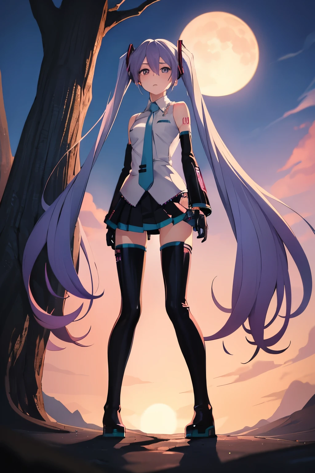 masutepiece, Best Quality, 1girl in, (Medusa),Purple hair, (black eyes:1.2),((Hatsune Miku's Costume))、((a miniskirt))、((embarassed expression))、((fullmoon))、((Photo from below))、((thigh high boots))、((Long))、((White Long Gloves))、