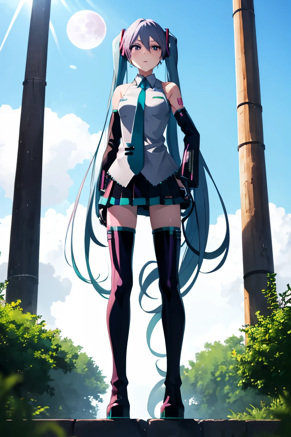 masutepiece, Best Quality, 1girl in, (Medusa),Purple hair, (black eyes:1.2),((Hatsune Miku's Costume))、((a miniskirt))、((embarassed expression))、((fullmoon))、((Photo from below))、((thigh high boots))、((Long))、((White Long Gloves))、