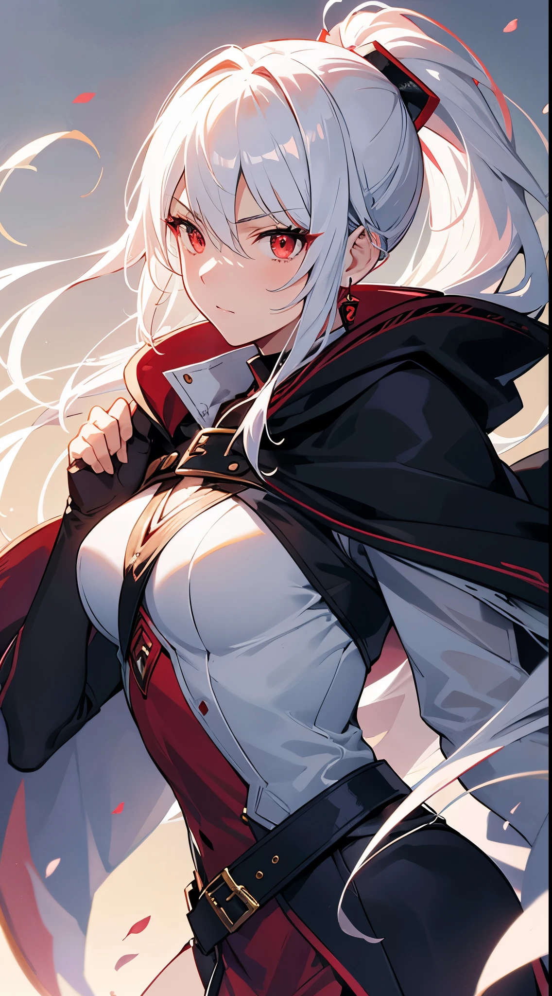 [[[ ultra-detailed, best quality, soft skin, beautiful, 4K]]], portrait, red eyes, white hair, side ponytail ranger, black cloak, serious, slim body, fantasy inn backdrop, dynamic angle.