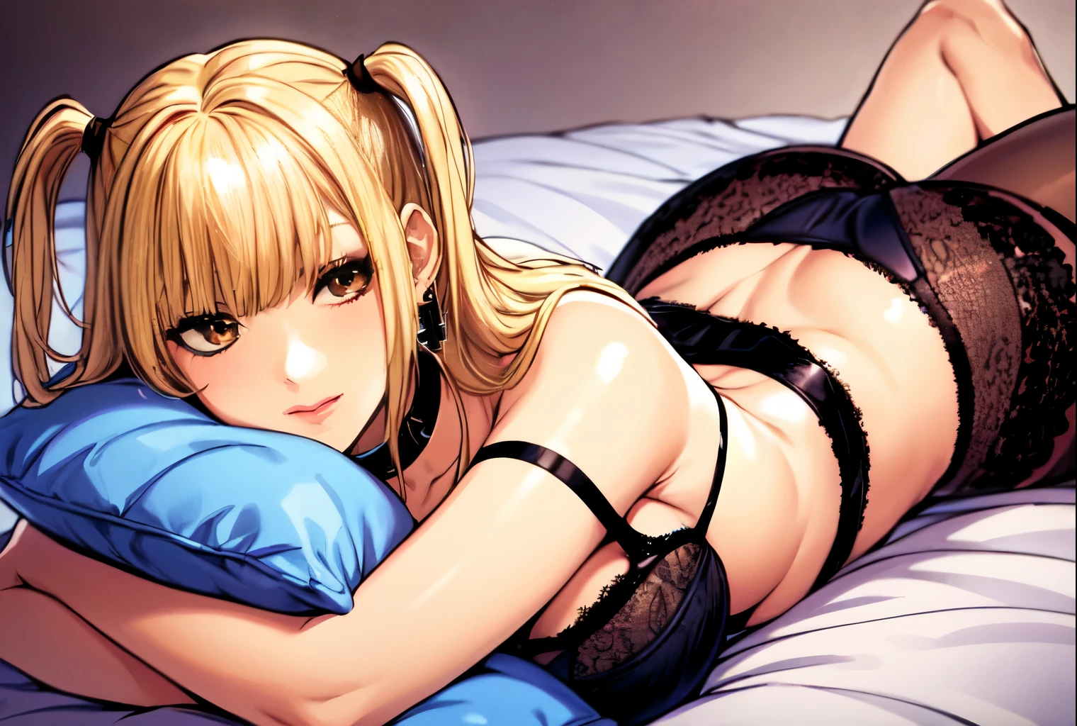 1girl, solo, beautifully detailed, MisaAmaneV2, long hair, jewelry, two side up, brown eyes, choker, (lipstick:0.5), cross, earrings, dress, makeup, blonde hair, black bra, black panties, medium breasts, cleavage, laying on stomach, breasts, bed, lingerie, stockings, pillow, hugging pillow