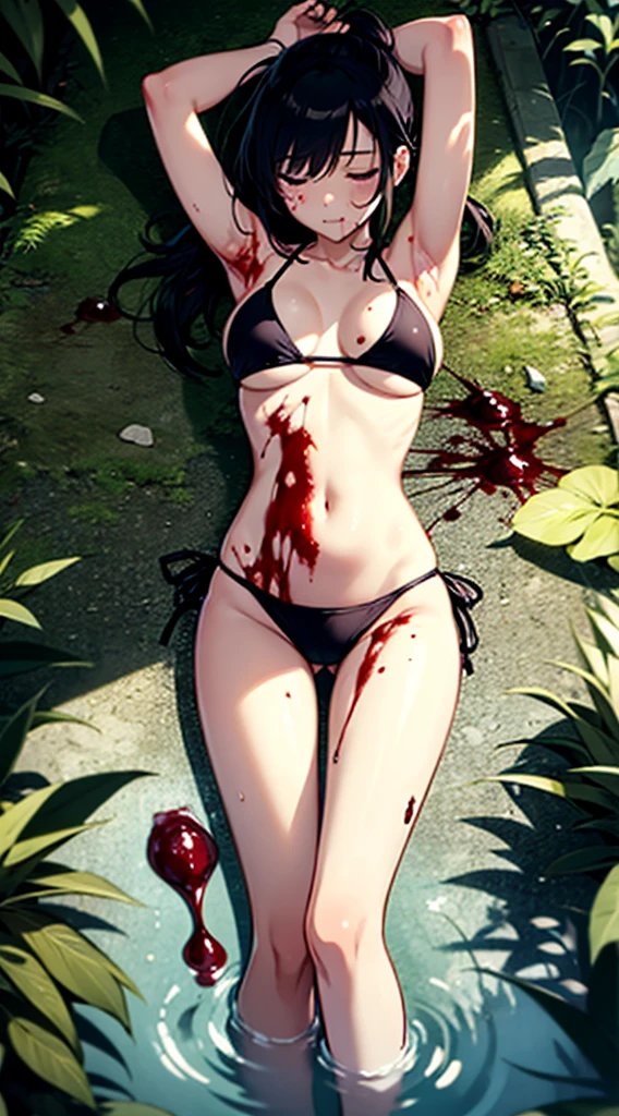 Anime girl wearing a string bikini,Black Hair, long-haired, long ponytail,มีBlood stains on the body.... Blood stains on bikini Blood stains on arms and legs, Blood stains on the body..,Sleeping dead in the deep forest,