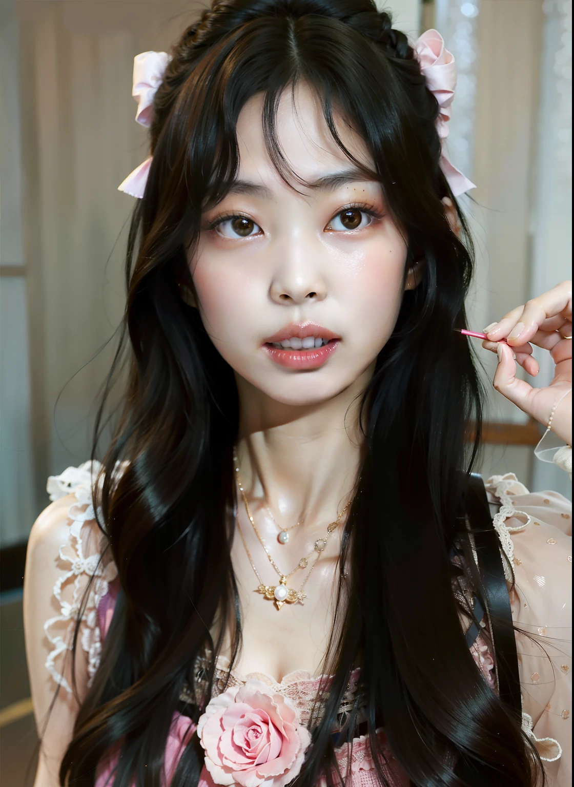 Arafed Asian girl with long hair wearing a pink dress and a rose necklace., ulzzang, Retrato realista kawaii, Joven y adorable rostro coreano, Wan adorable cara coreana, maquillaje popular de Corea del Sur, maquillaje coreano popular, Linda cara de anime natural, Linda chica kawaii, Chica coreana, chica linda-fina-cara, young cute wan asian face, Cabello limpio con flequillo