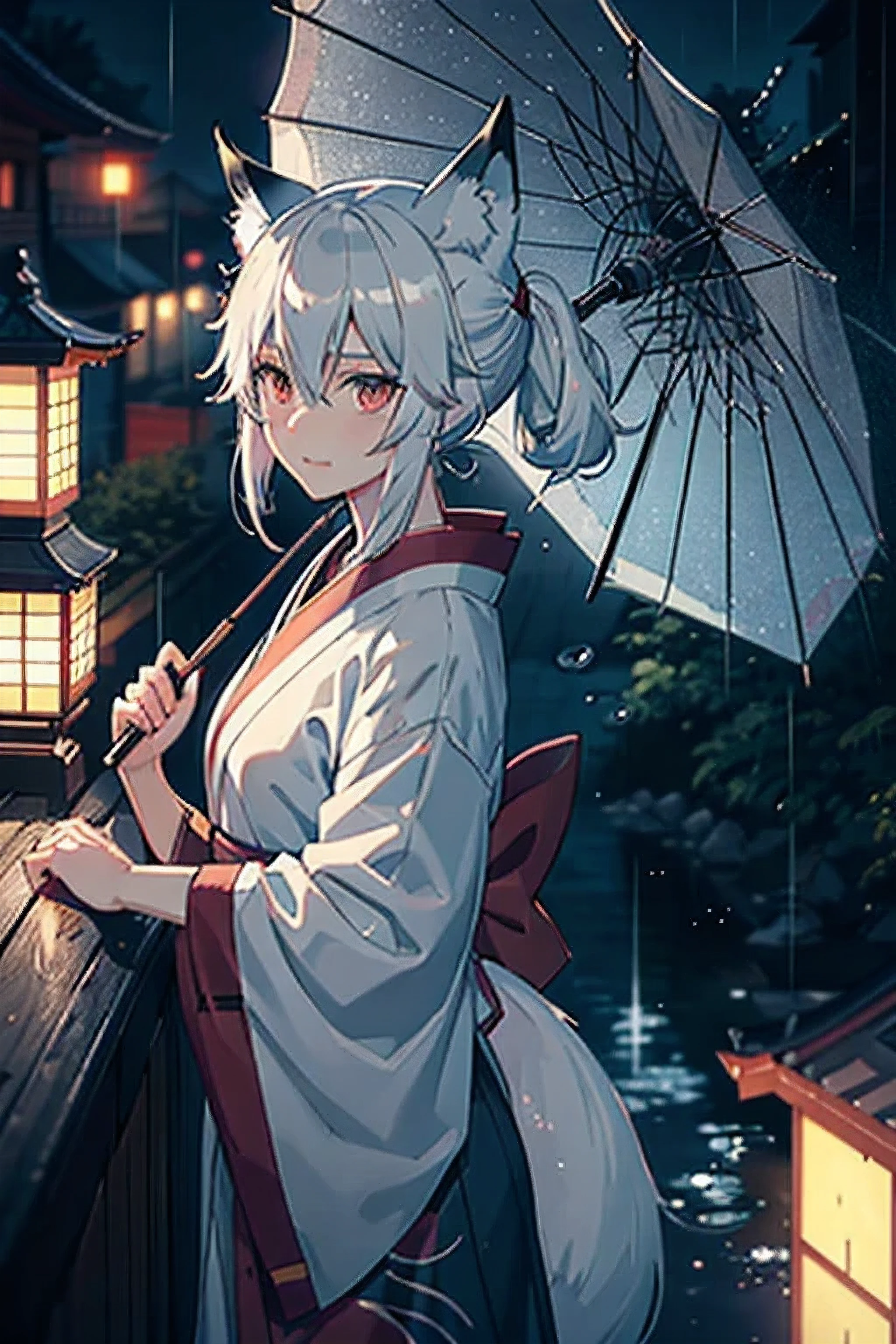 Background, style anime, depression, Gray tones, the night, Sateen, Japan, style anime The Helpful Fox Senko-san, festival, big raindrops, detailed raindrops, glare on drops, there are a lot of people from the festival around,