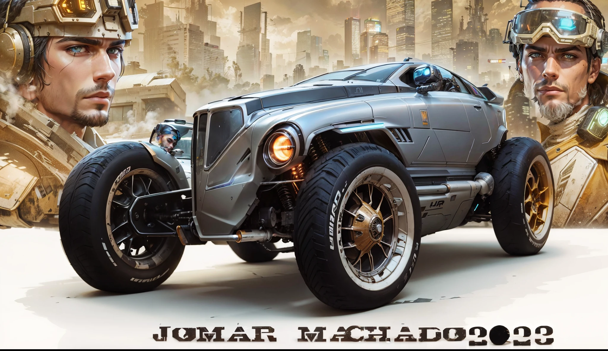 Um carro de corridas possante Cyberpunk em primeiro plano, in the back there is a cyberpunk pilot in a cyberpunk outfit and on the other side there is a male cyberpunk pilot, ao fundo uma cidade animada e agitada Cyberpunk