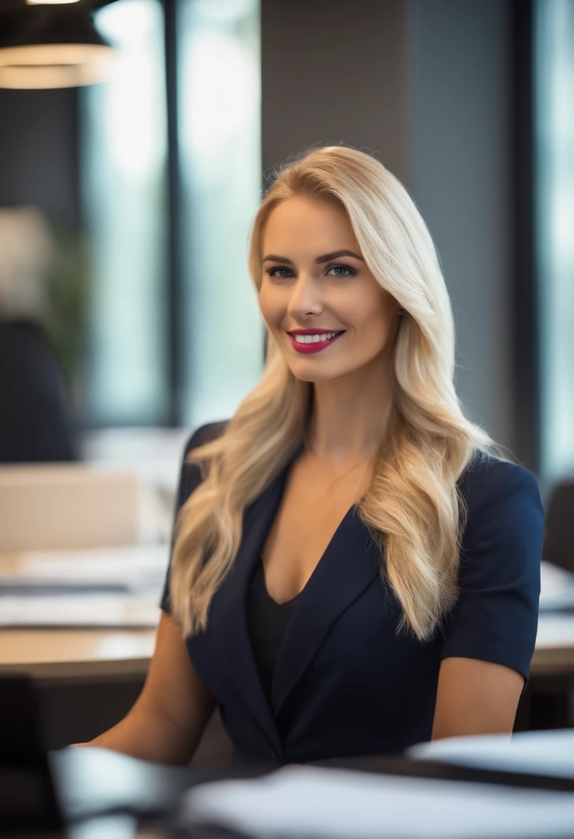 Sales women beautiful blond marketer in office setting with blurred background