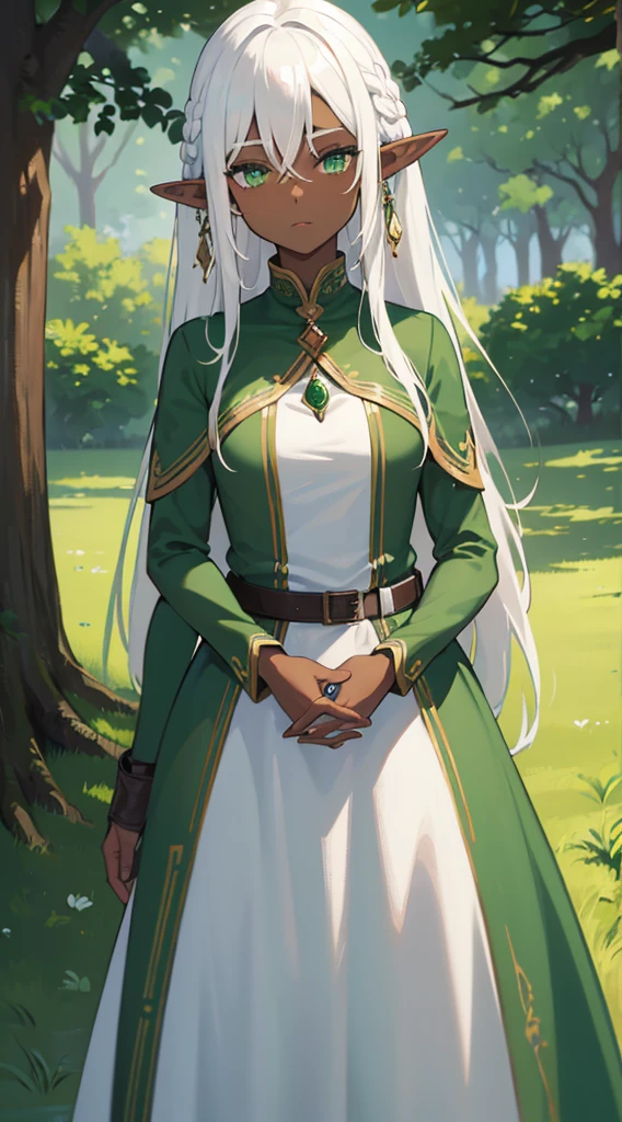 ((Dark Skin)),((Elf Woman)),((White Hair)),((Green Eyes)), ((long green dress))