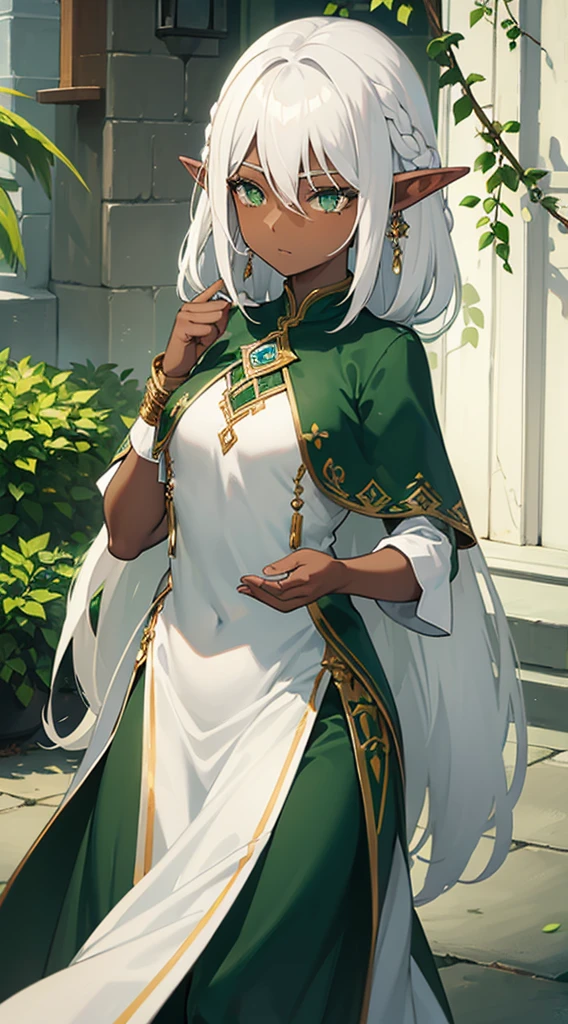 ((Dark Skin)),((Elf Woman)),((White Hair)),((Green Eyes)), ((long green dress))