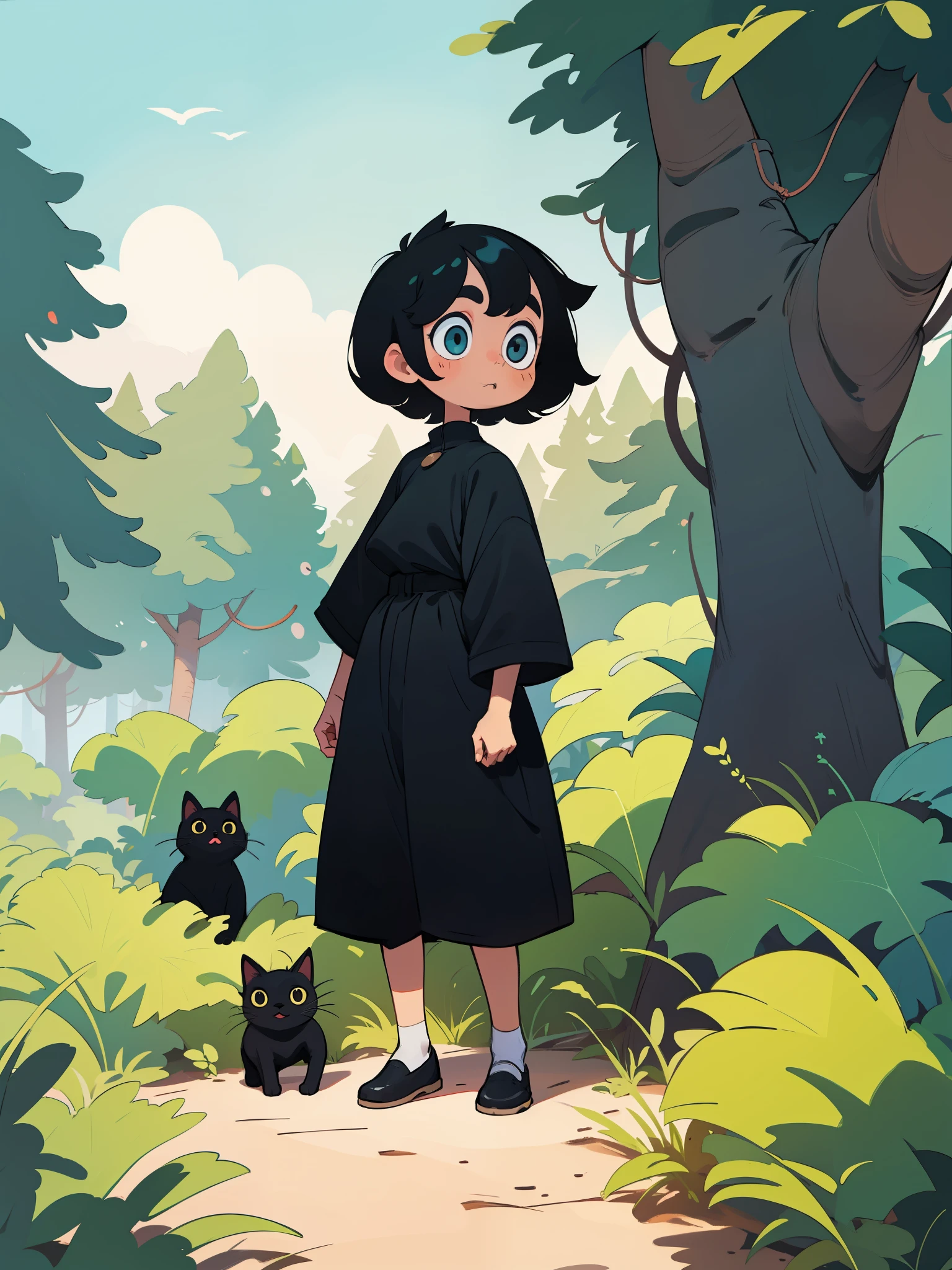 Woman with short black hair、Baggy clothes、long skirt、Wagas、stroking a black cat