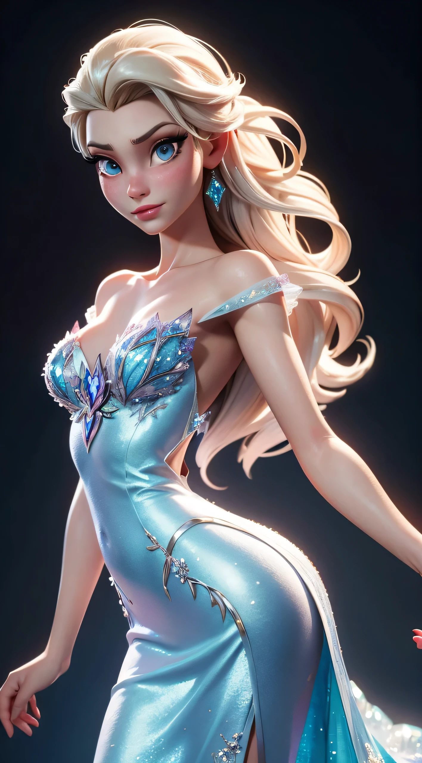 Envision Elsa in a graceful pose, her back partially arched, showcasing the elegance of her Blue Diamond (Crystal) Dress from Frozen. This scene is inspired by the LORA Model Elsa, capturing the beauty of a realistic animated 3D representation. The image is a partial back arch, chest up, highlighting the intricate details of Elsa's dress and the regal posture of the Frozen queen. With lifelike realism, Elsa's expression and pose convey a sense of enchantment and grace,