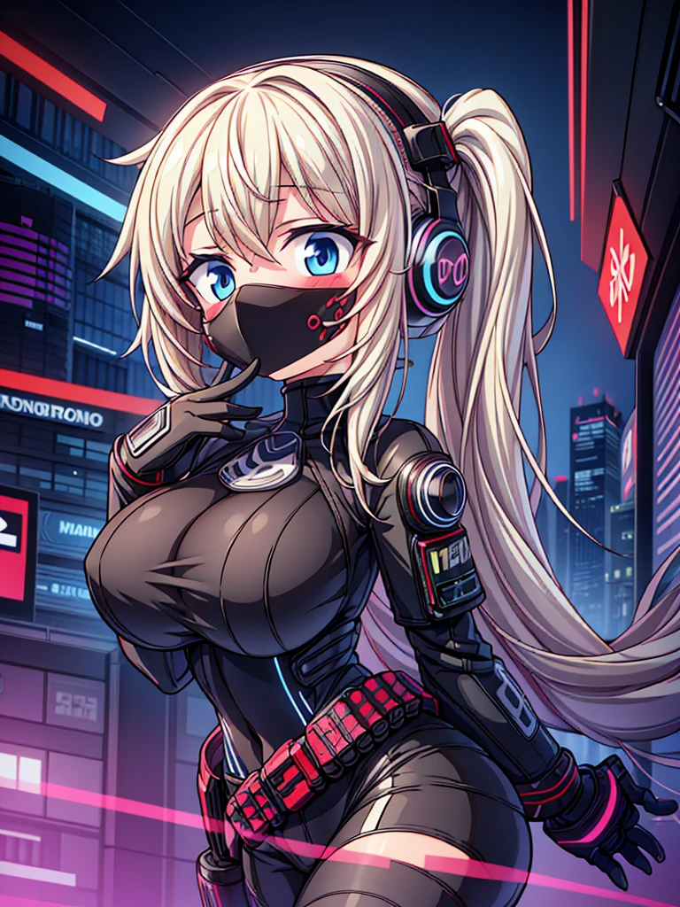 4K,hight resolution,One Woman,White blonde hair,poneyTail,head phone,Colossal tits,ninjartist,White Cybersuit,Cyberpunk Handgun,underground city、red blush、Opening Mouth、